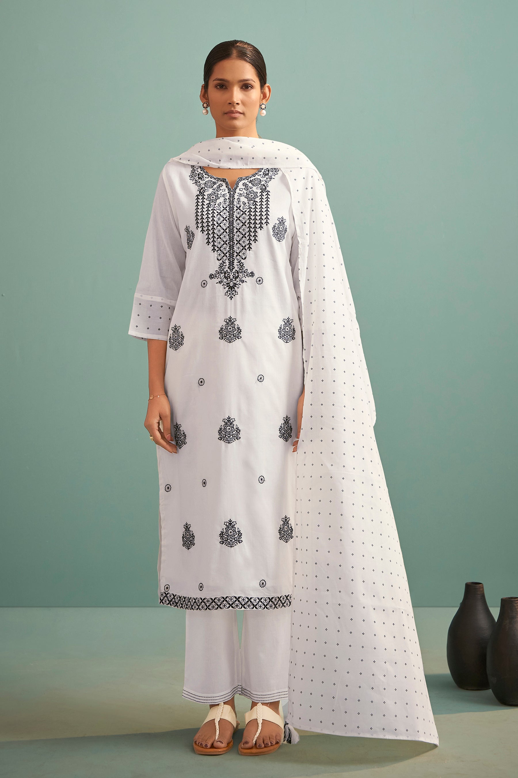 Corliss Cream Chikankari Embroidered Cotton Kurta Set