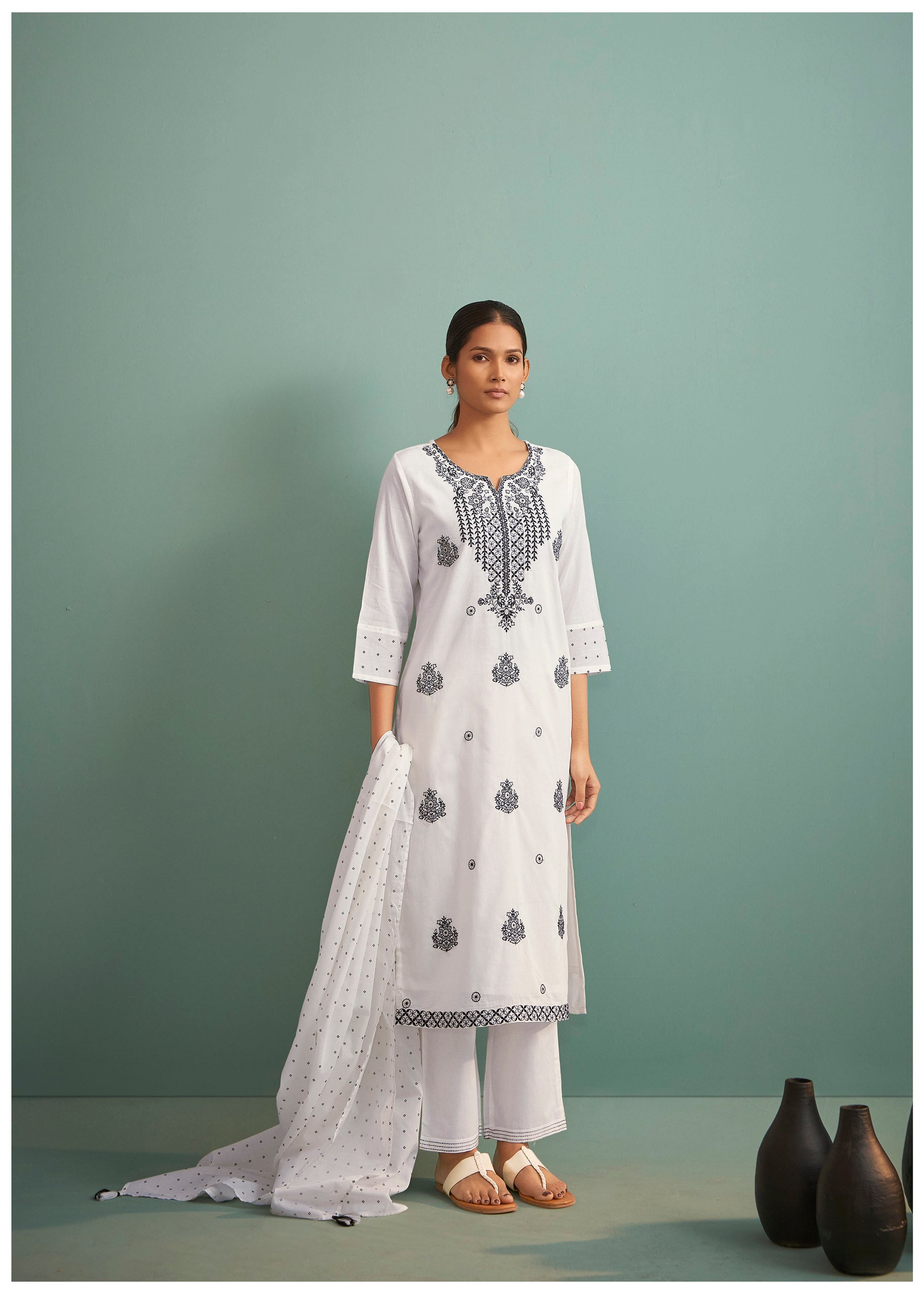 Corliss Cream Chikankari Embroidered Cotton Kurta Set