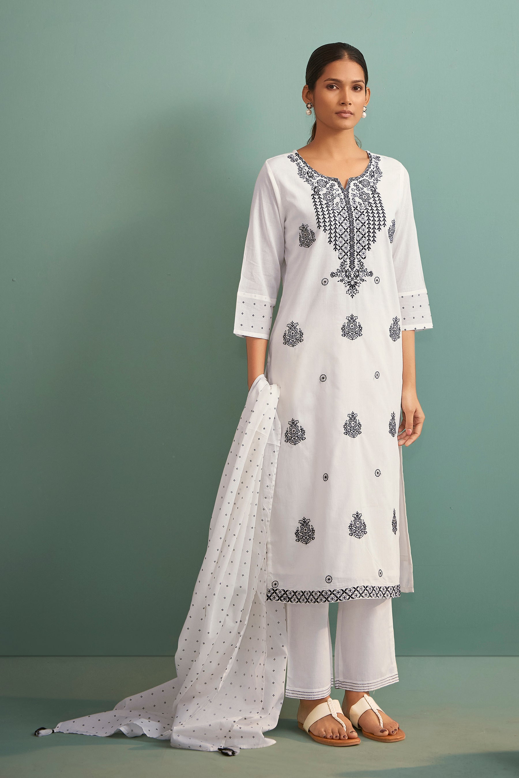 Corliss Cream Chikankari Embroidered Cotton Kurta Set