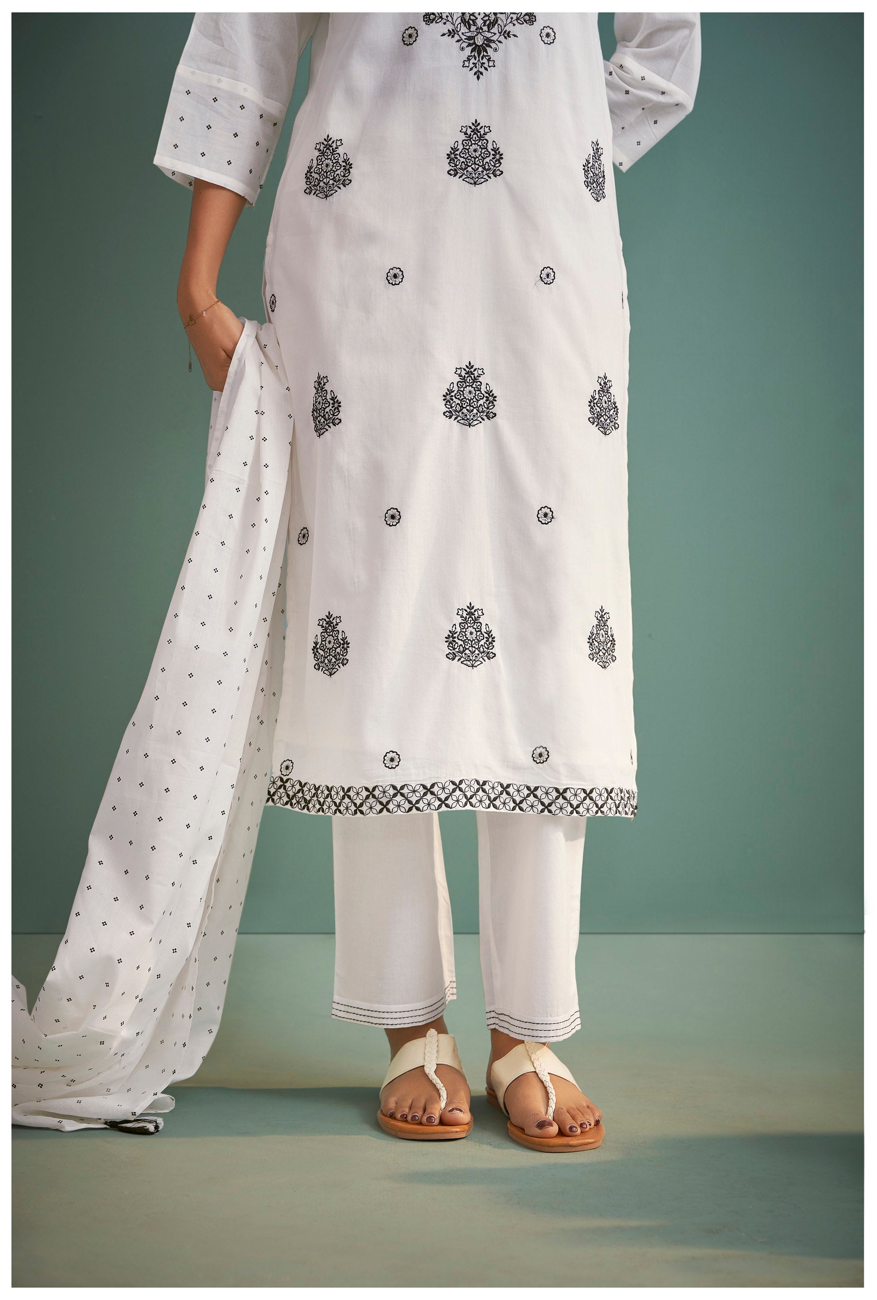 Corliss Cream Chikankari Embroidered Cotton Kurta Set