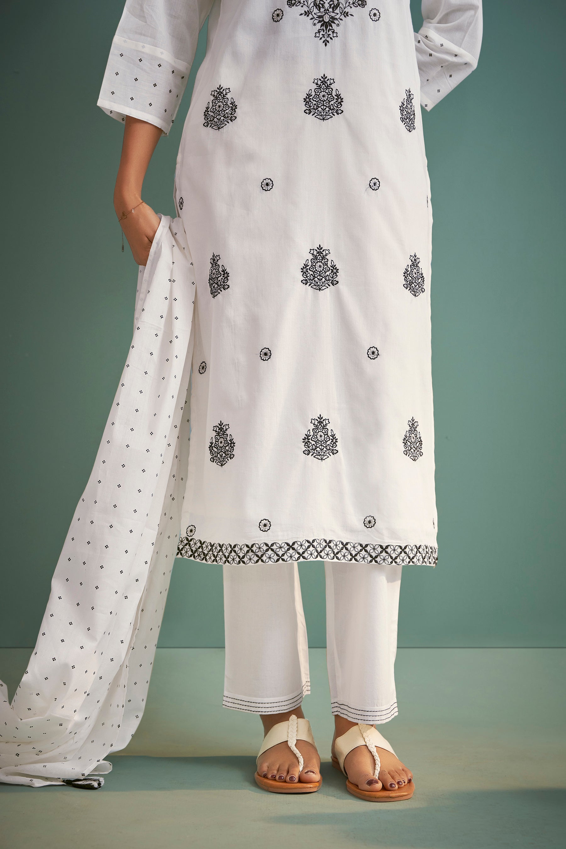 Corliss Cream Chikankari Embroidered Cotton Kurta Set