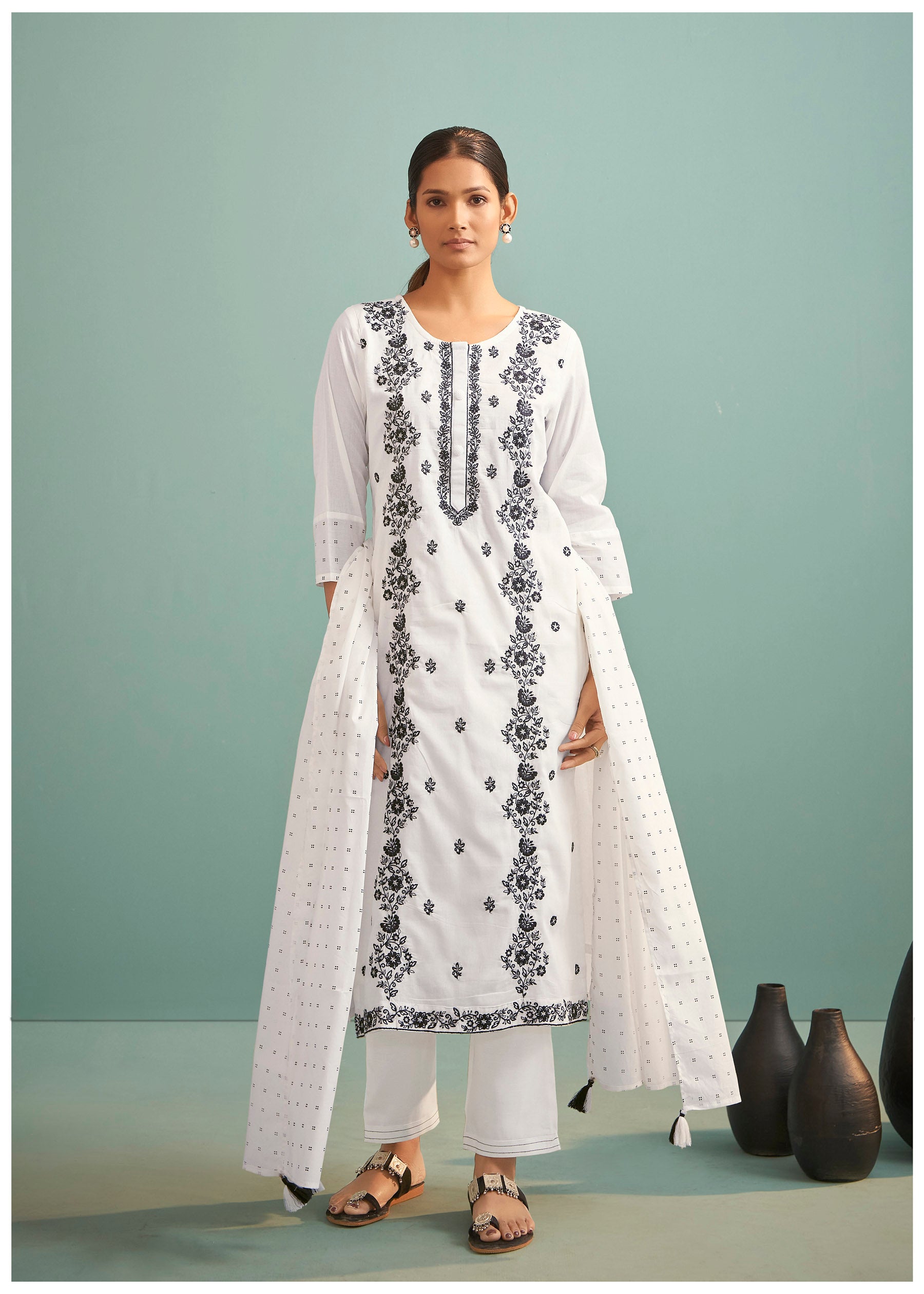 Delvina Cream Chikankari Embroidered Cotton Kurta Set