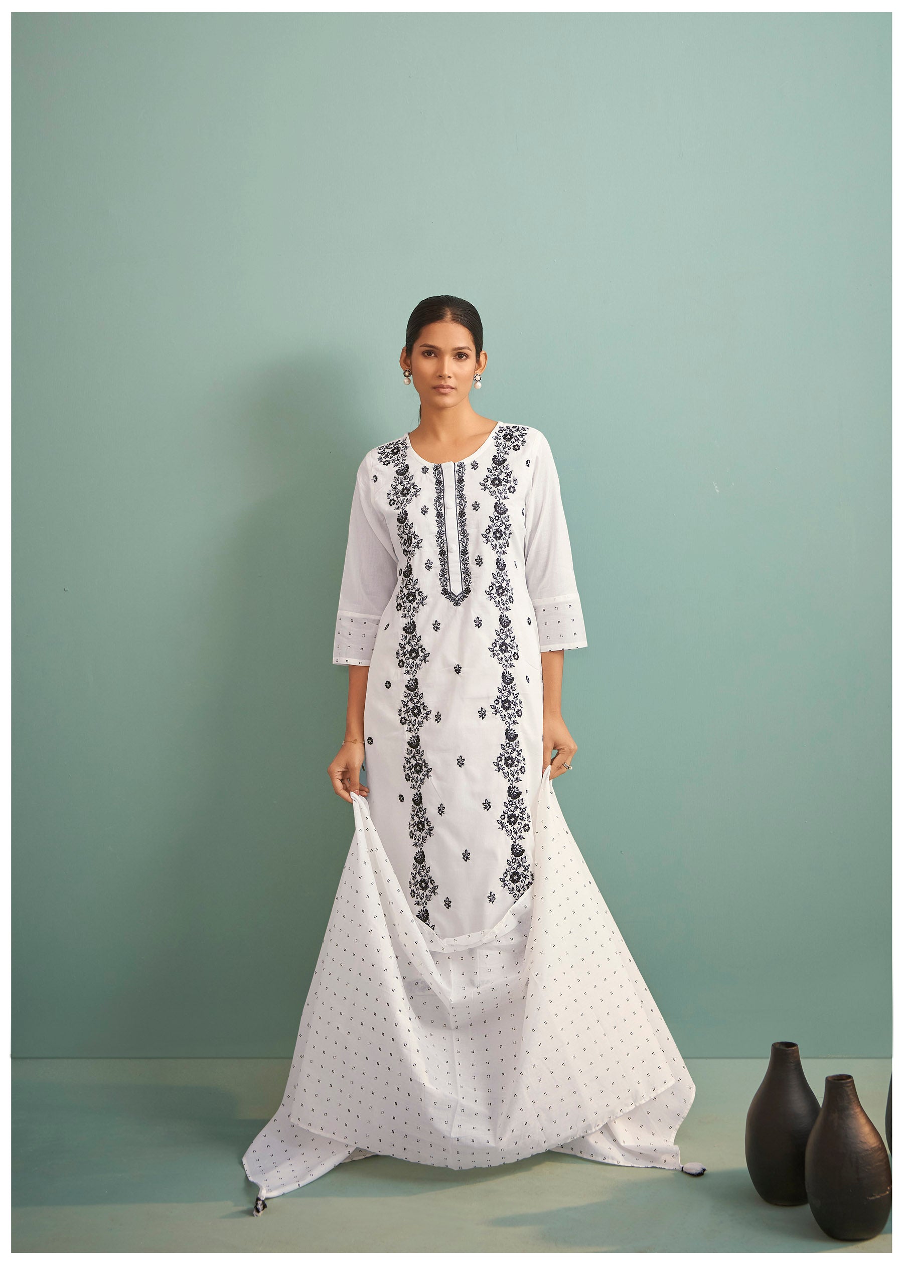 Delvina Cream Chikankari Embroidered Cotton Kurta Set