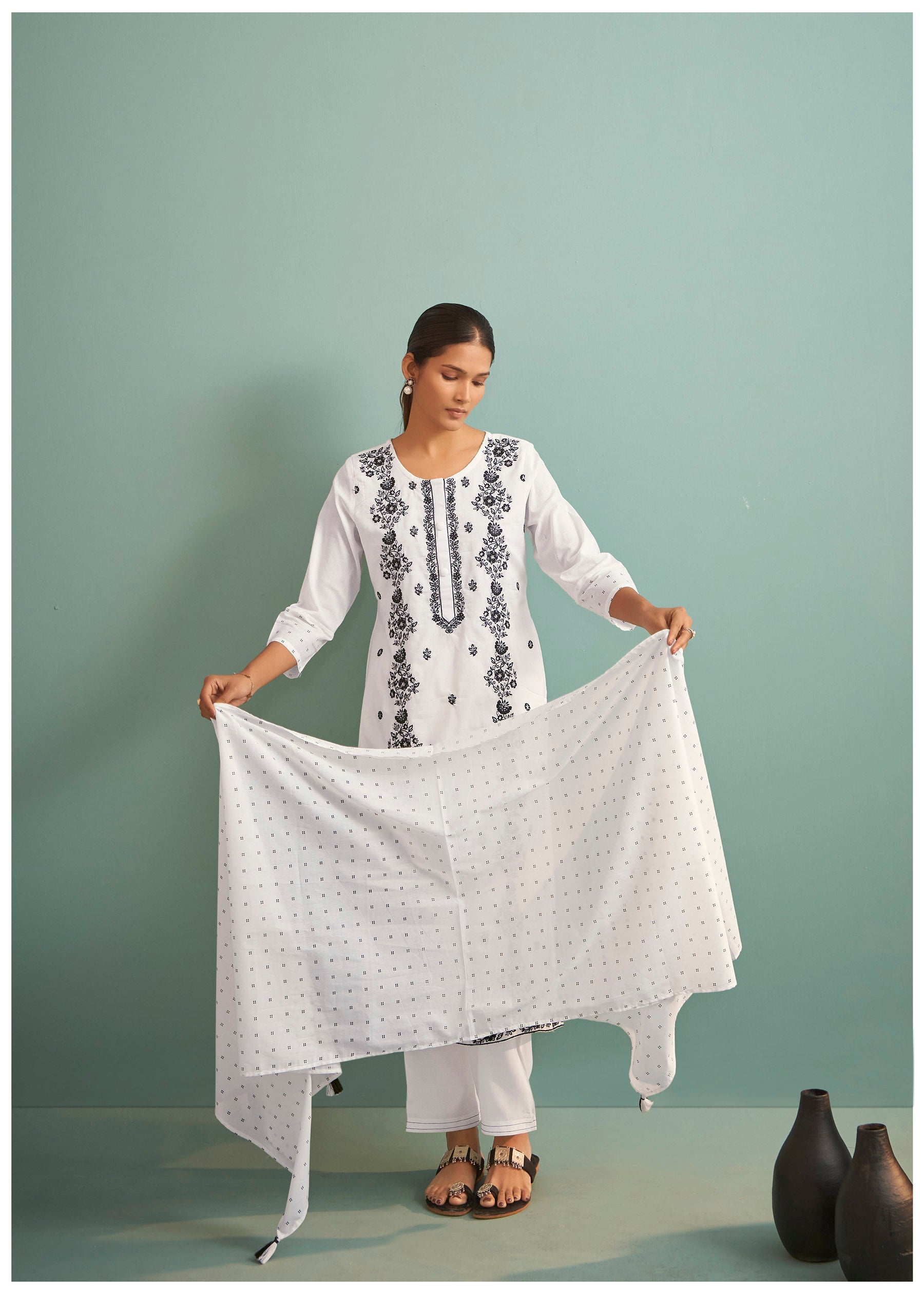Delvina Cream Chikankari Embroidered Cotton Kurta Set