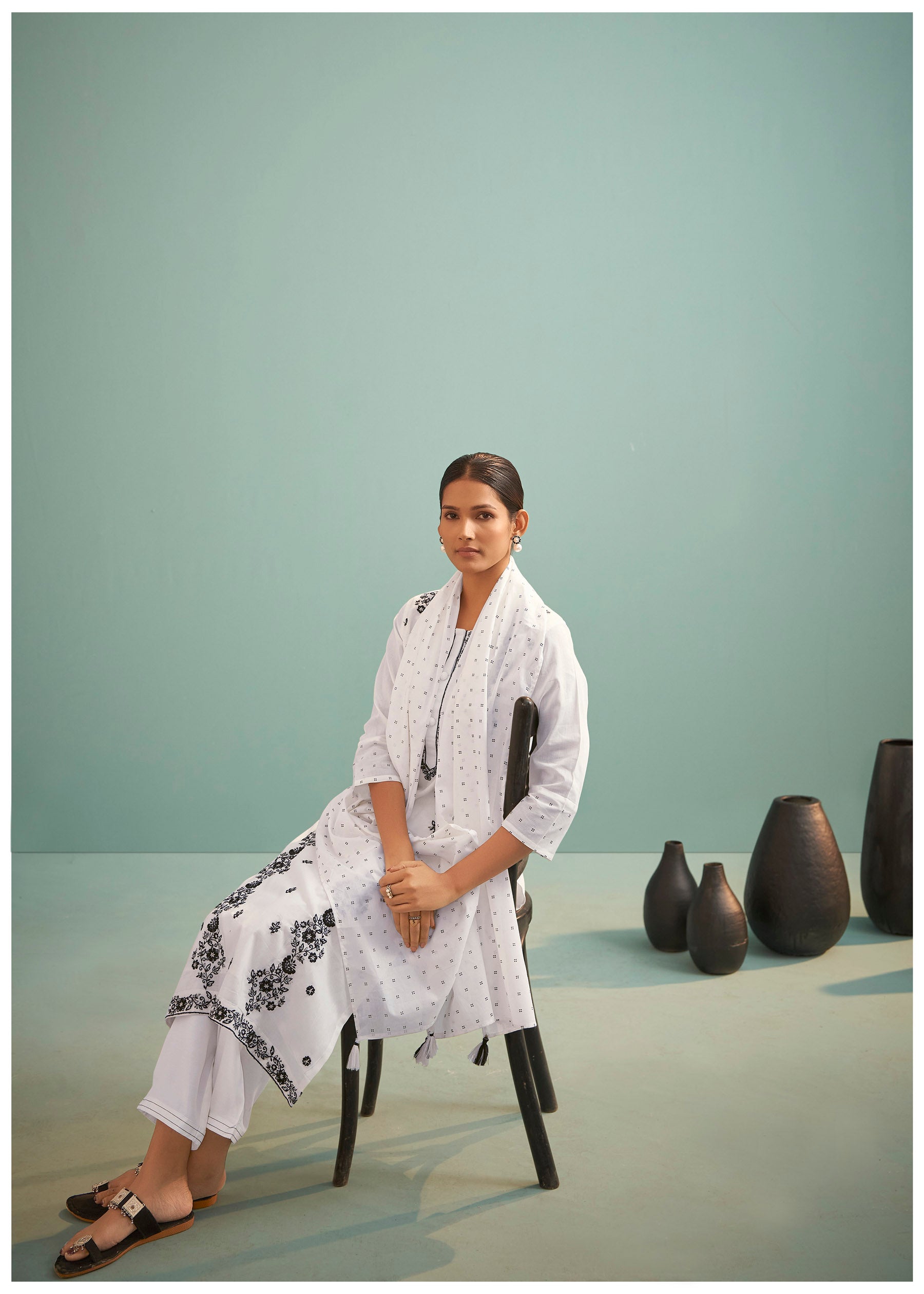 Delvina Cream Chikankari Embroidered Cotton Kurta Set