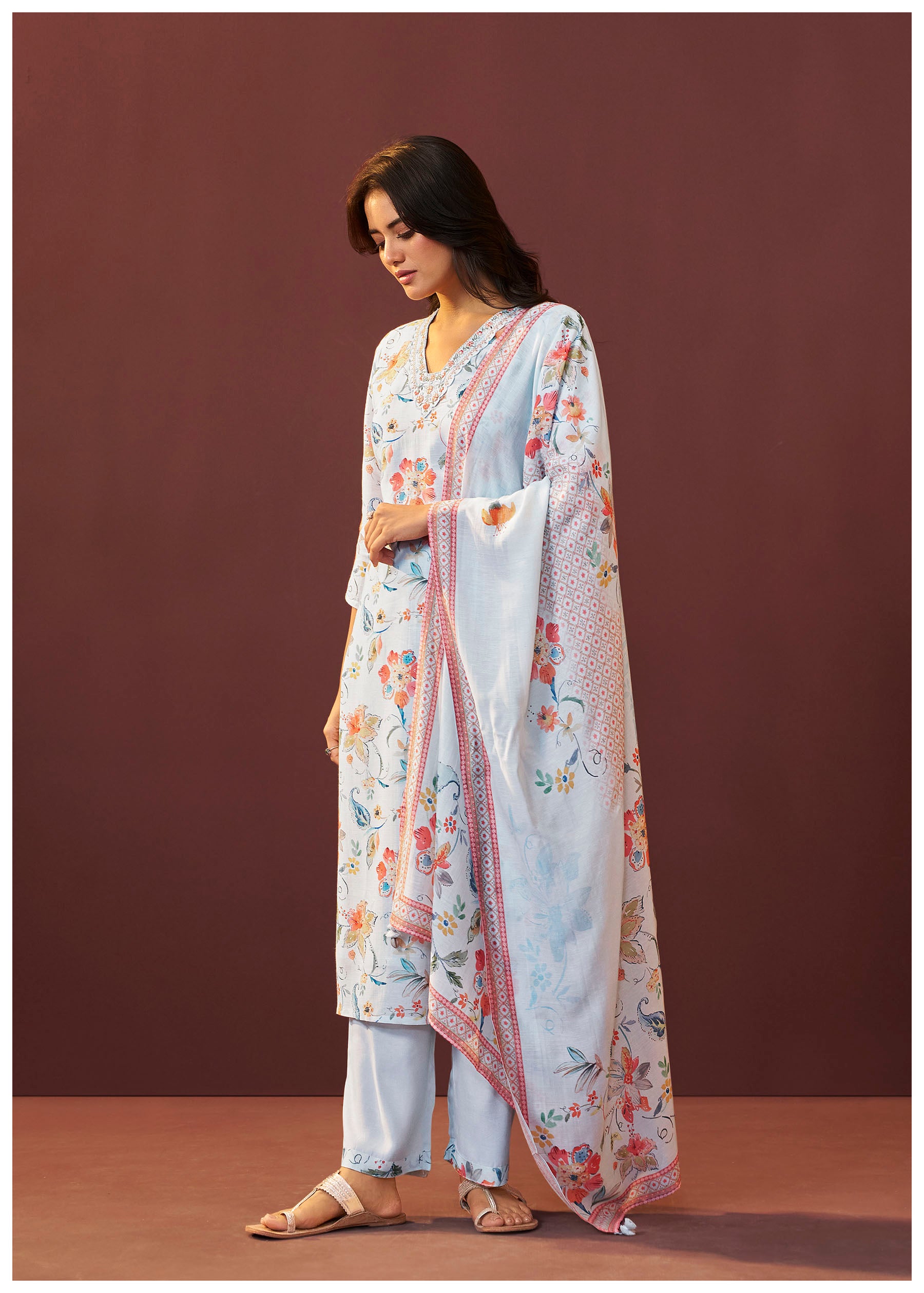 Bluish Embroidered Linen Kurta Set