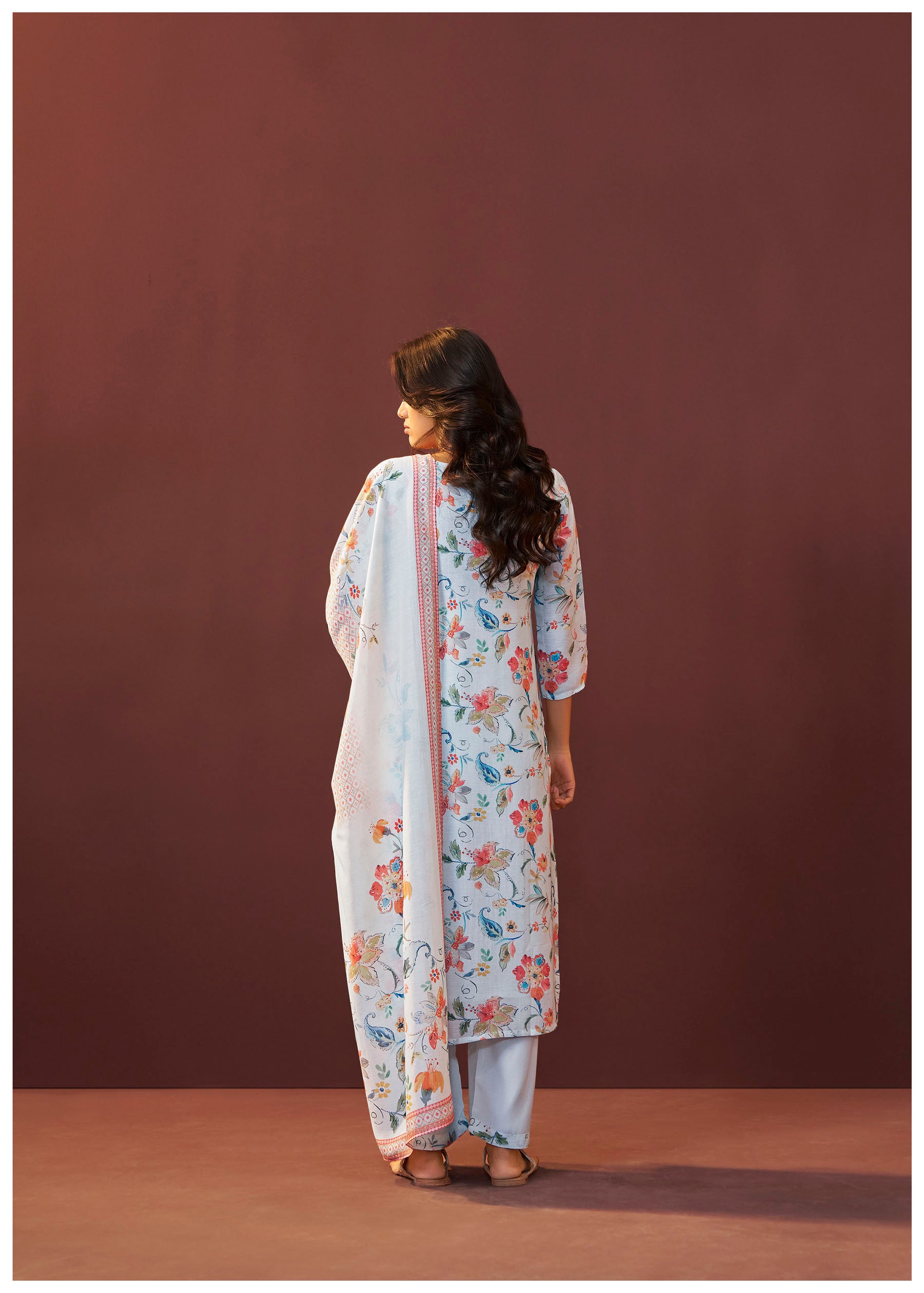 Bluish Embroidered Linen Kurta Set