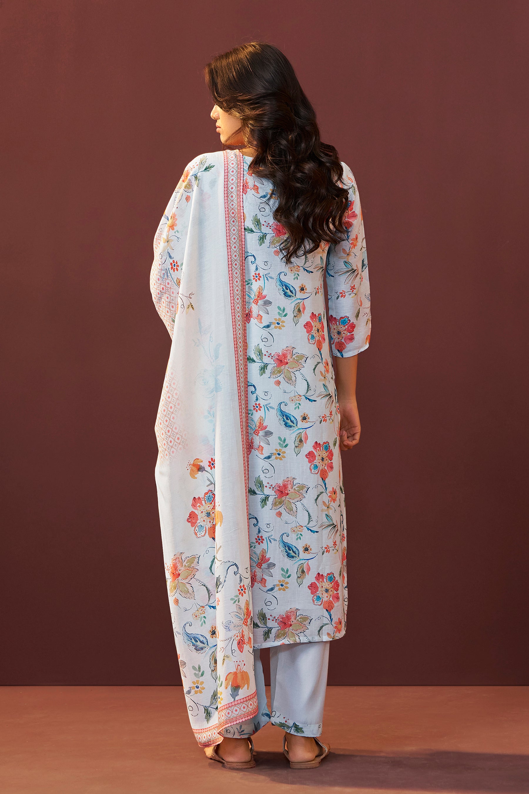 Bluish Embroidered Linen Kurta Set