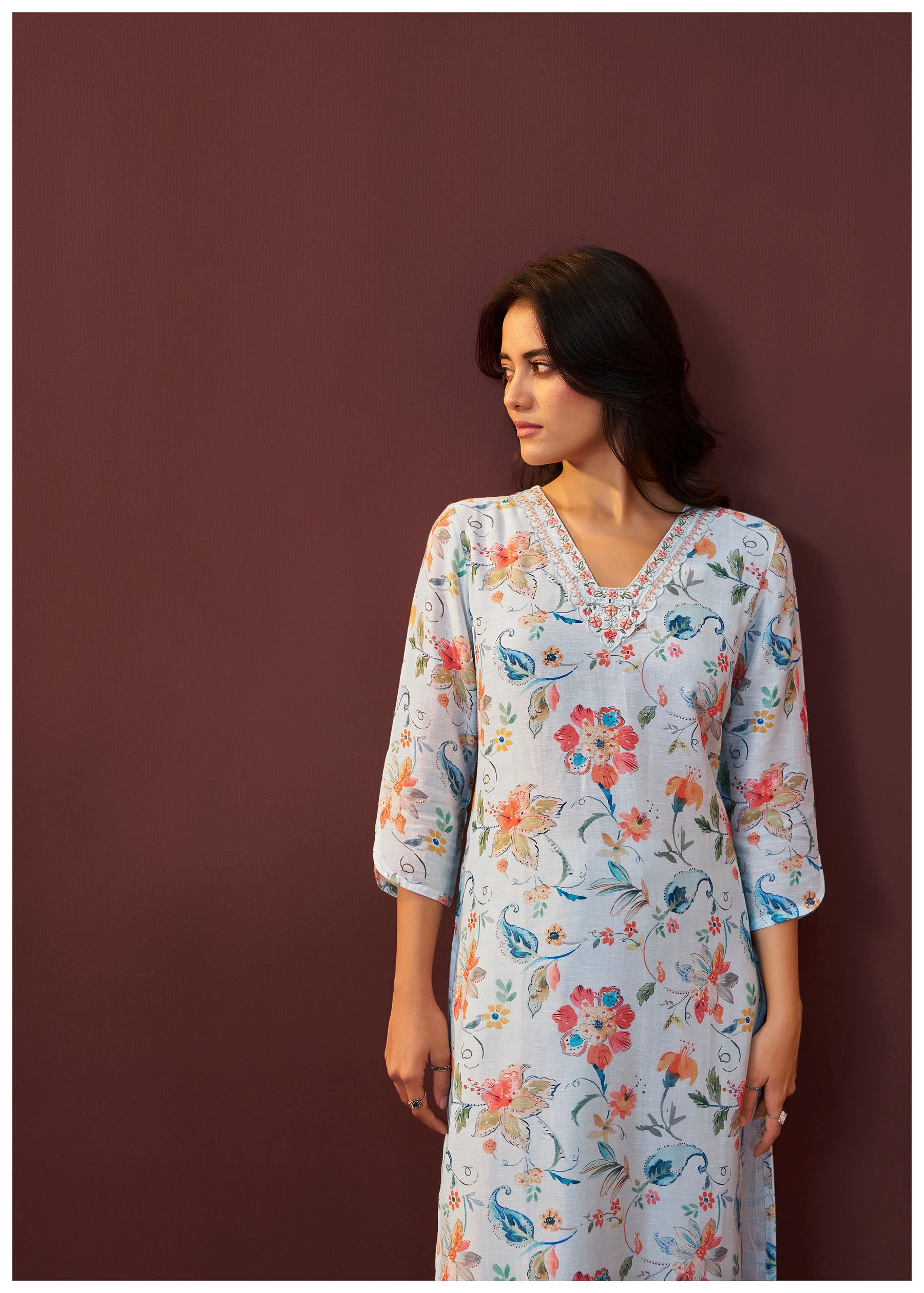 Bluish Embroidered Linen Kurta Set