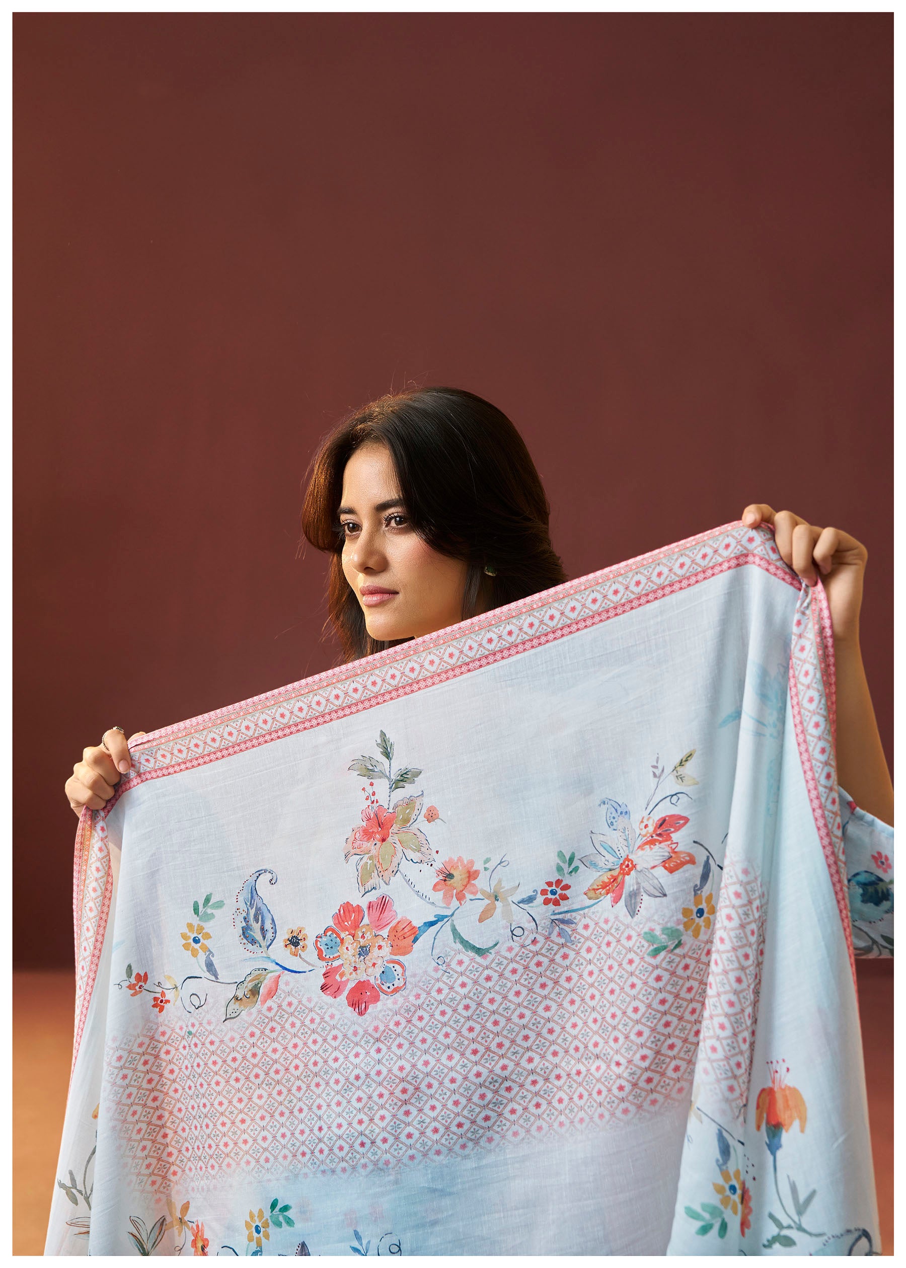 Bluish Embroidered Linen Kurta Set