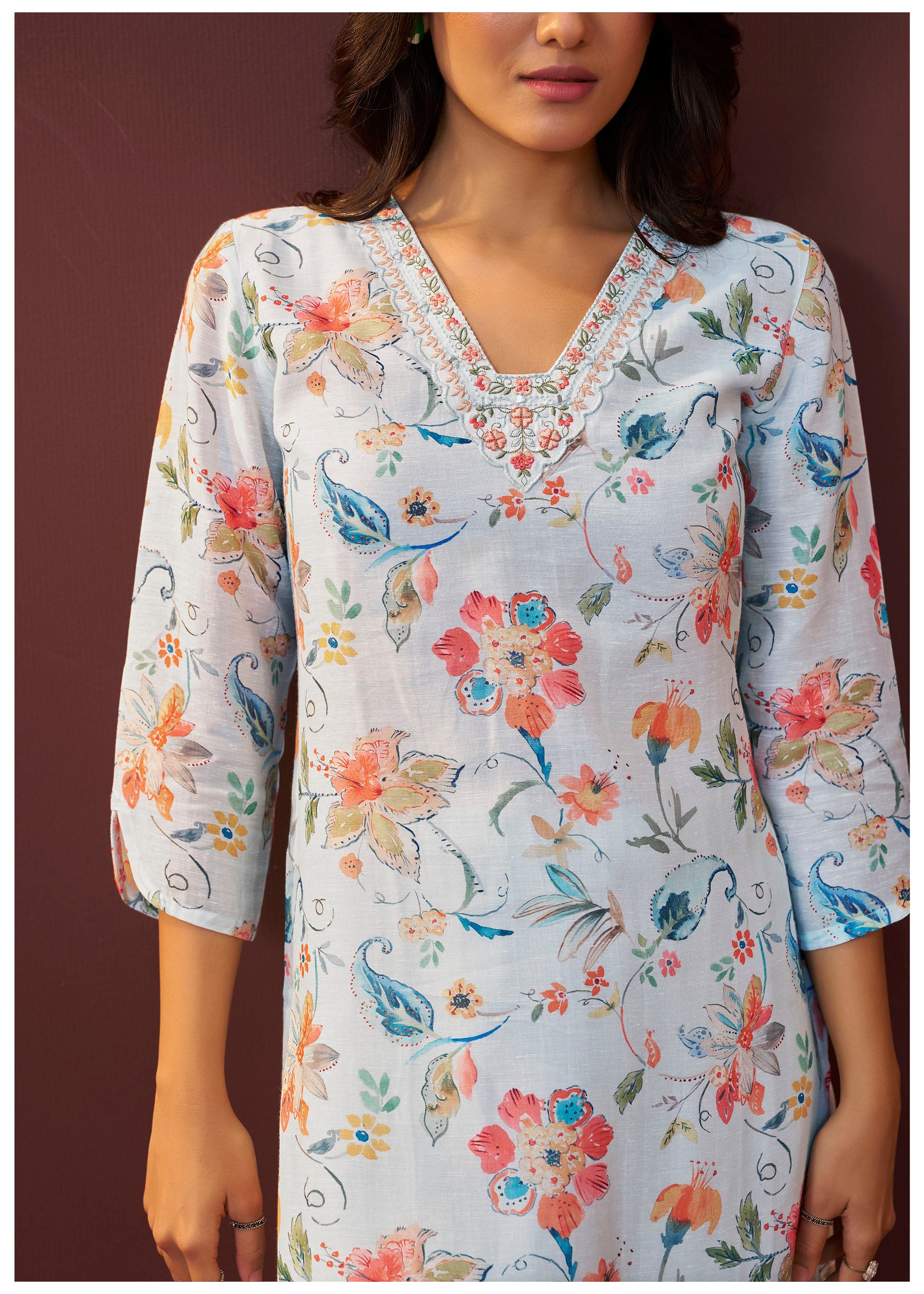 Bluish Embroidered Linen Kurta Set