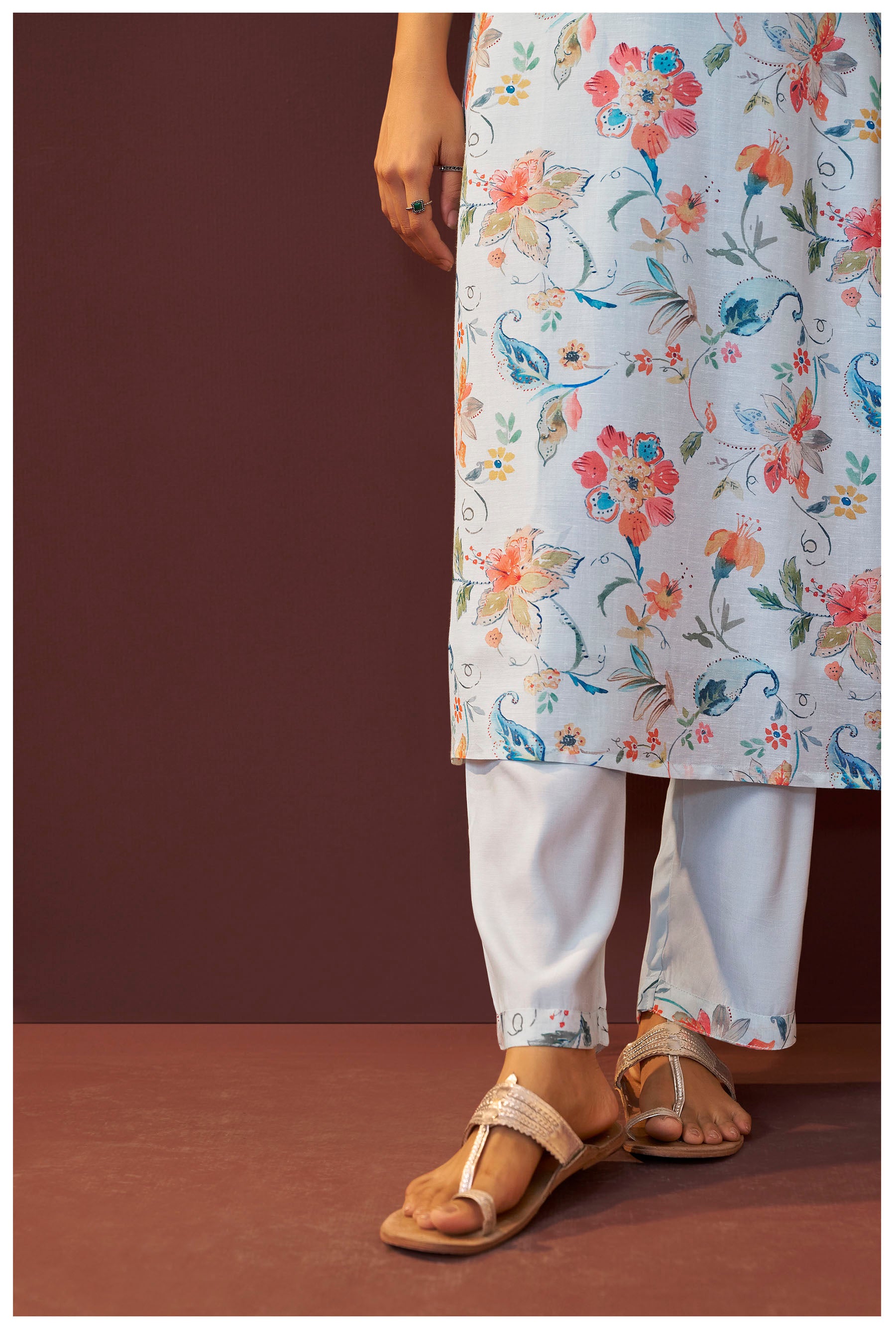 Bluish Embroidered Linen Kurta Set