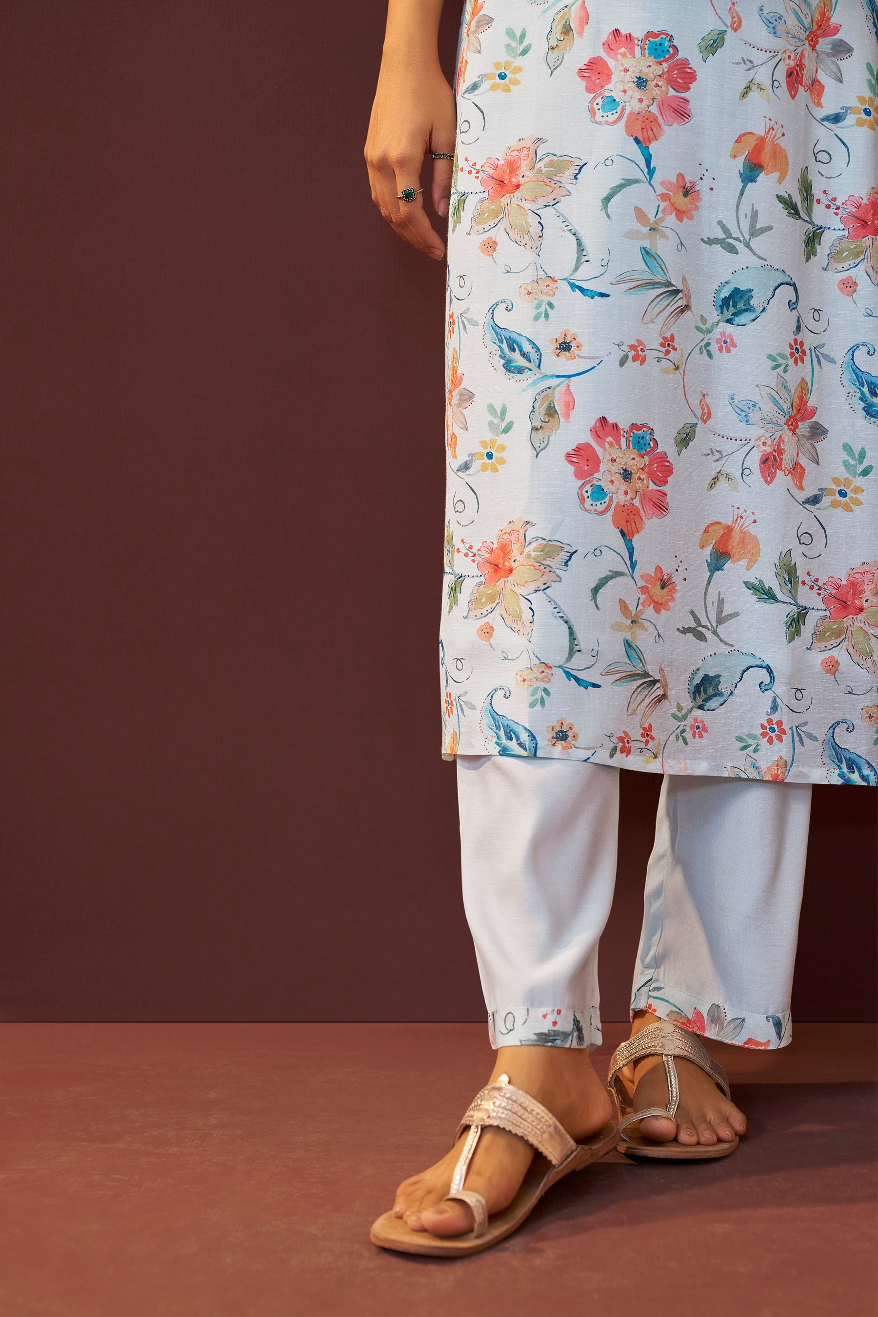 Bluish Embroidered Linen Kurta Set