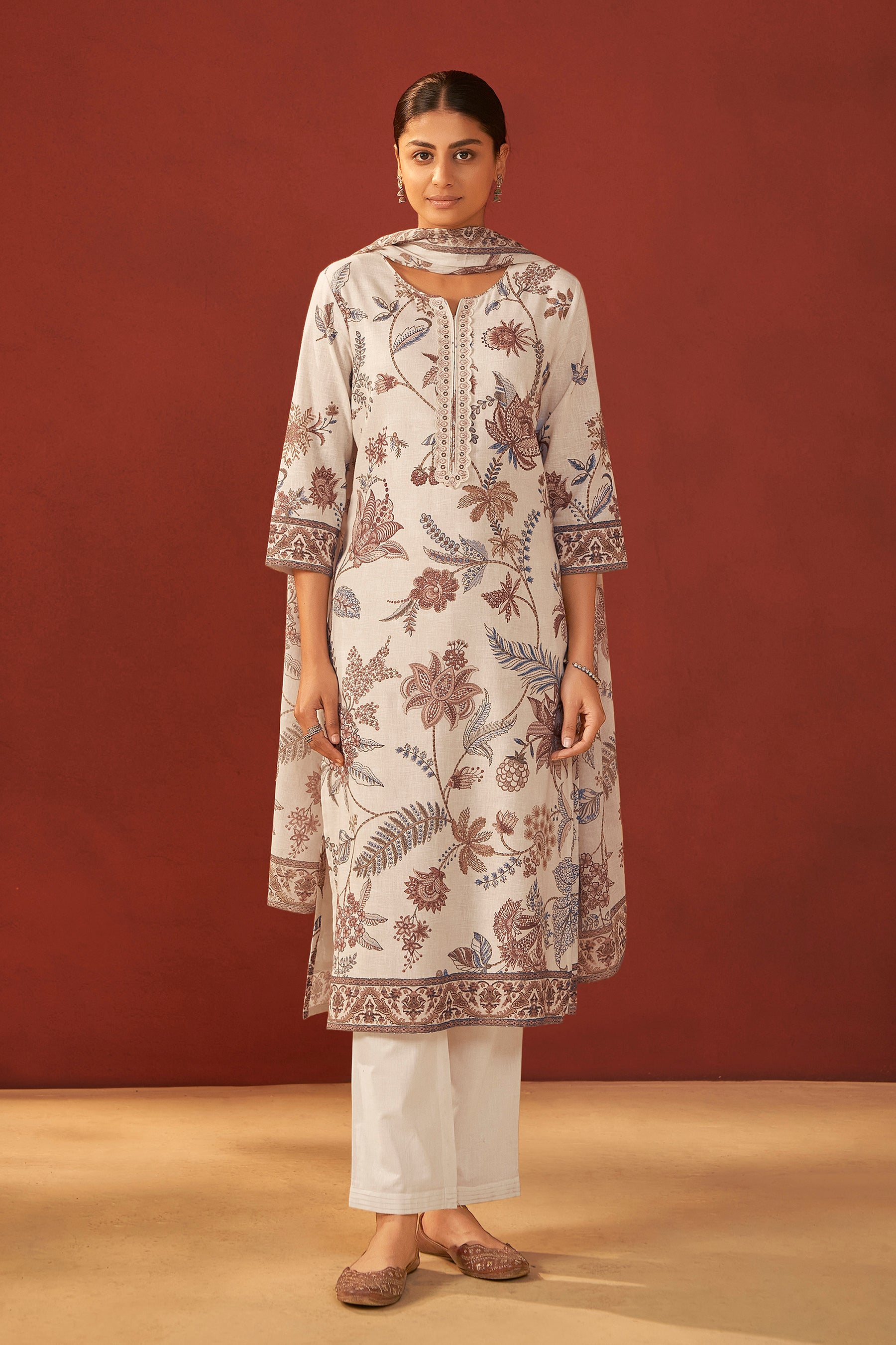 Avenza Cream Printed Linen Kurta Set