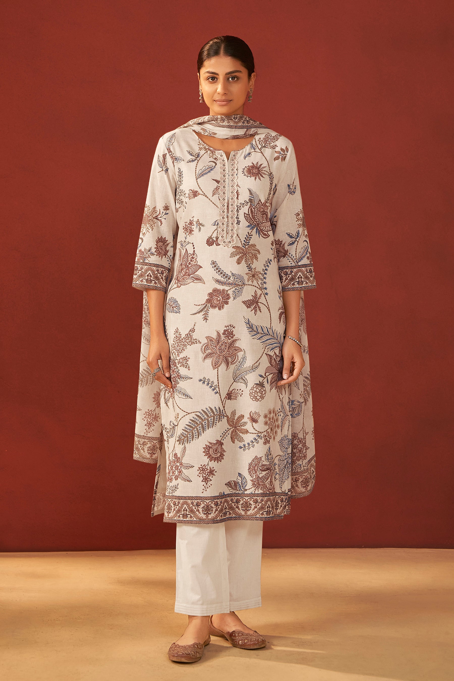 Avenza Cream Printed Linen Kurta Set