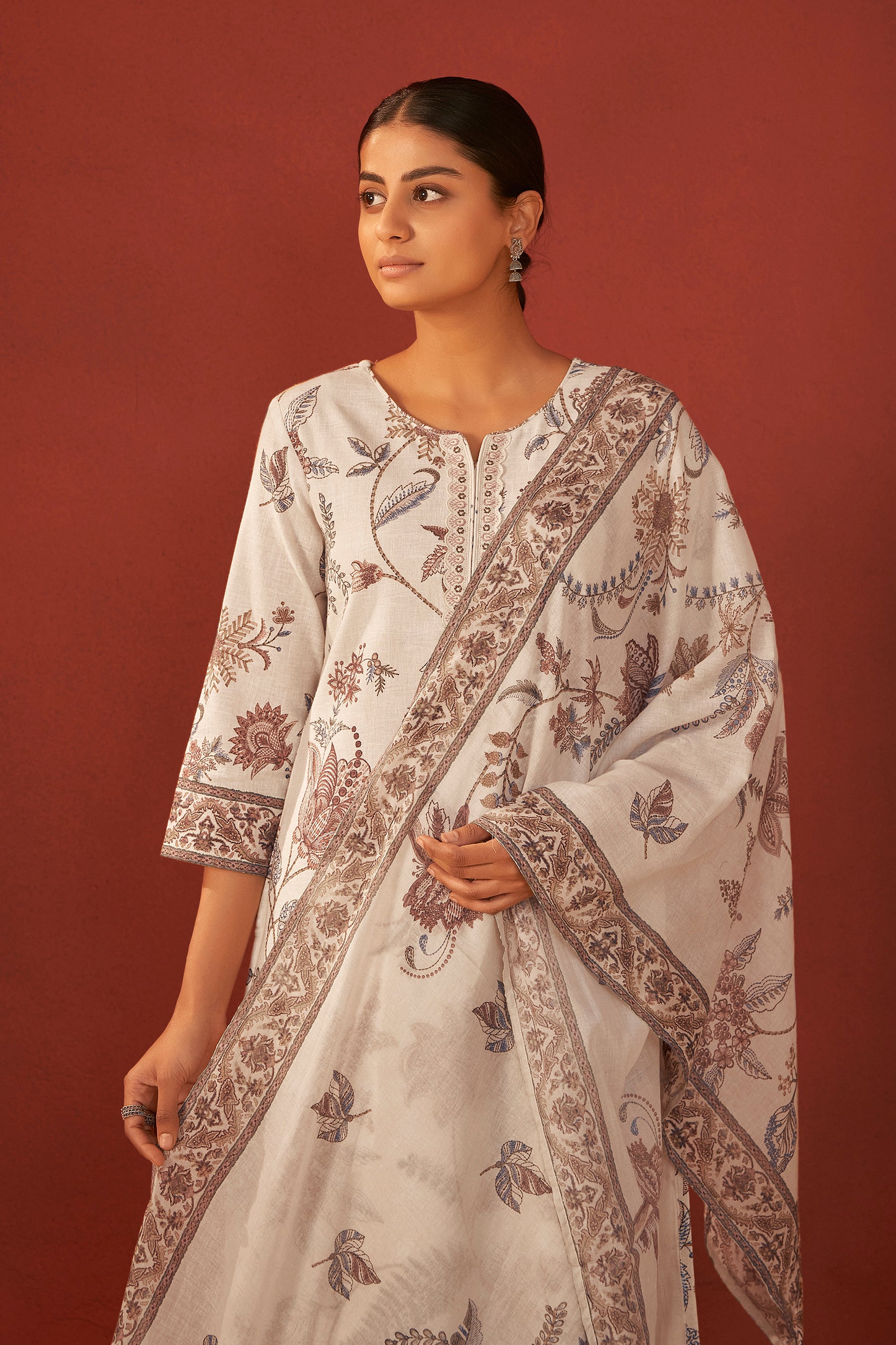 Avenza Cream Printed Linen Kurta Set