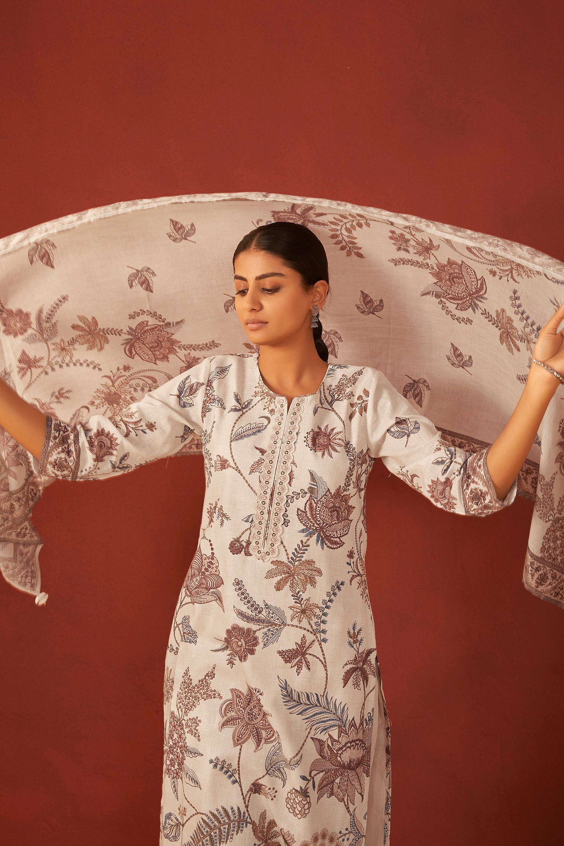 Avenza Cream Printed Linen Kurta Set