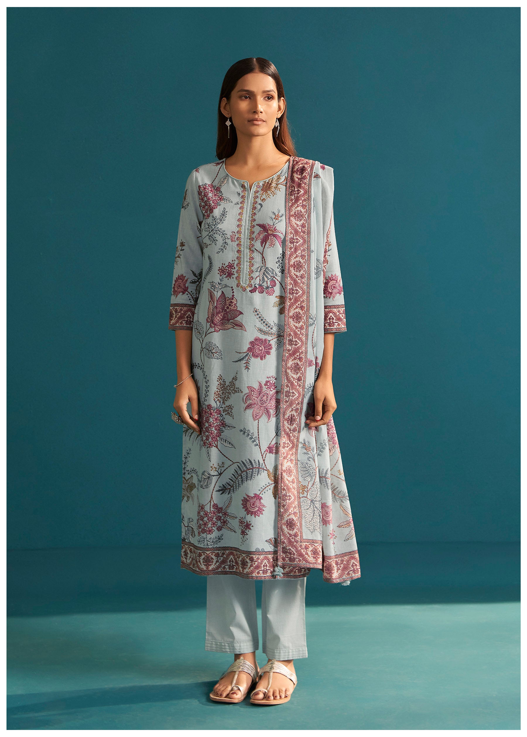 Bluevia Linen Digital Print Embroidery Kurta Set