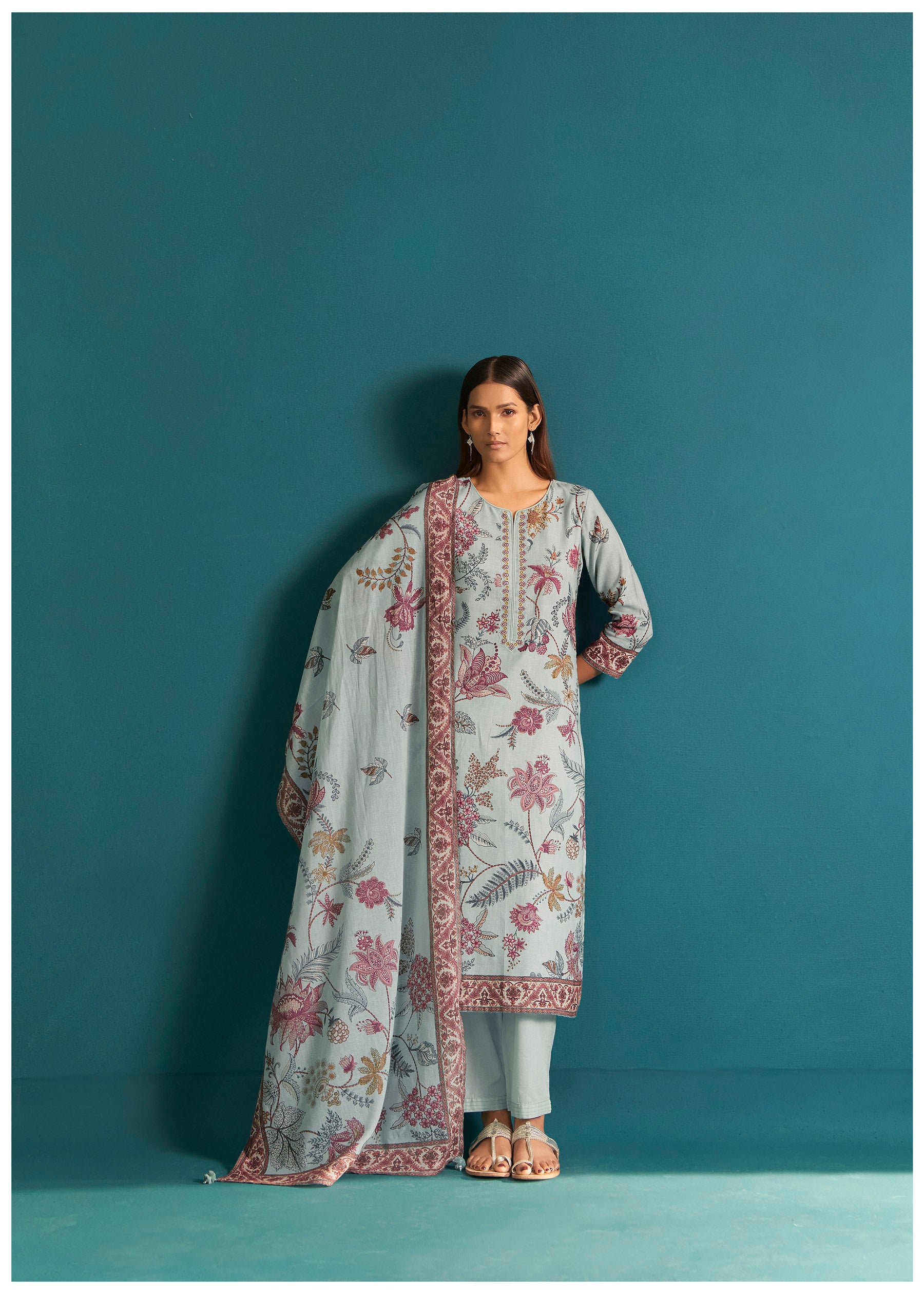 Bluevia Linen Digital Print Embroidery Kurta Set