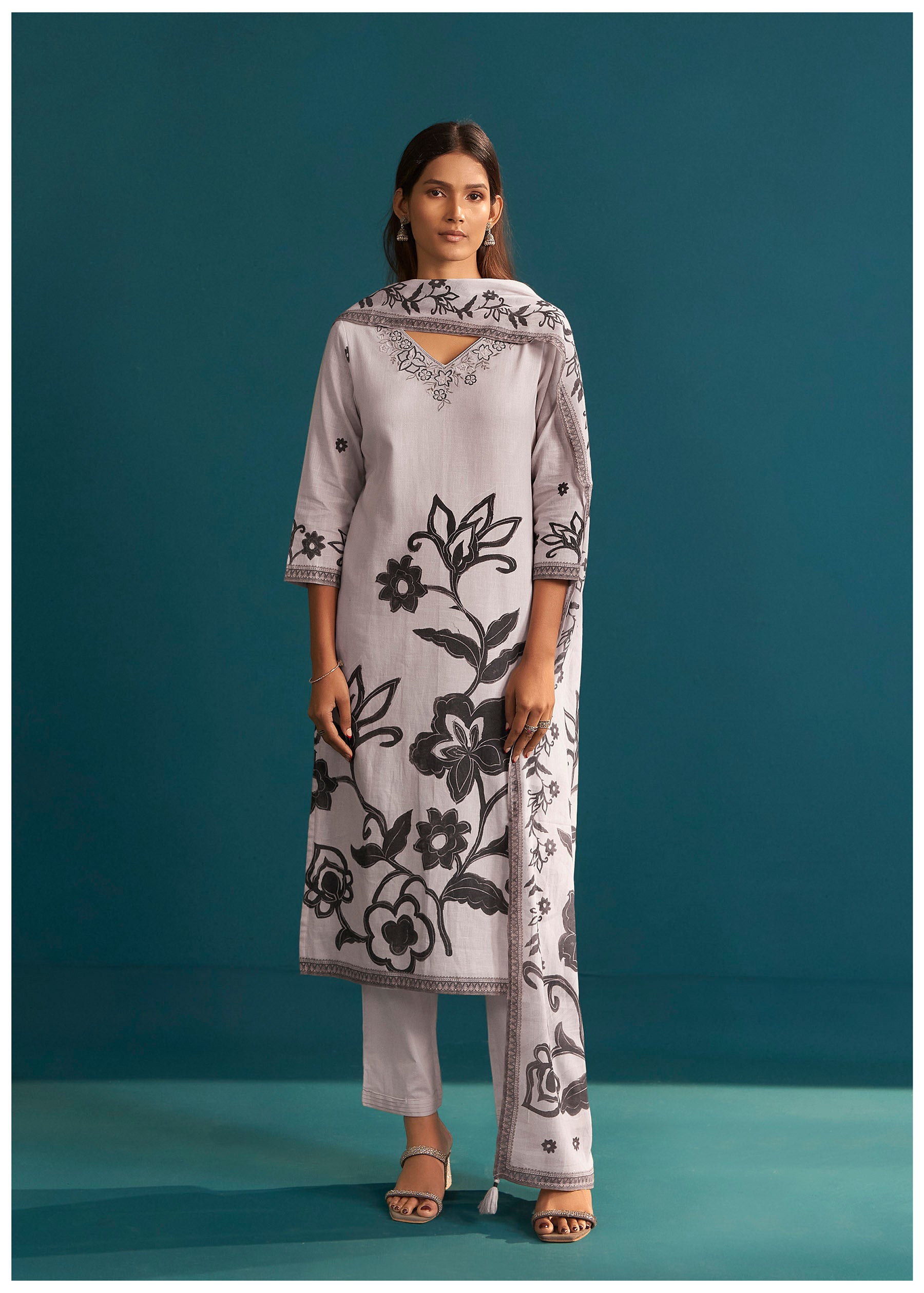Duné Cream Digital Print Linen Kurta Set