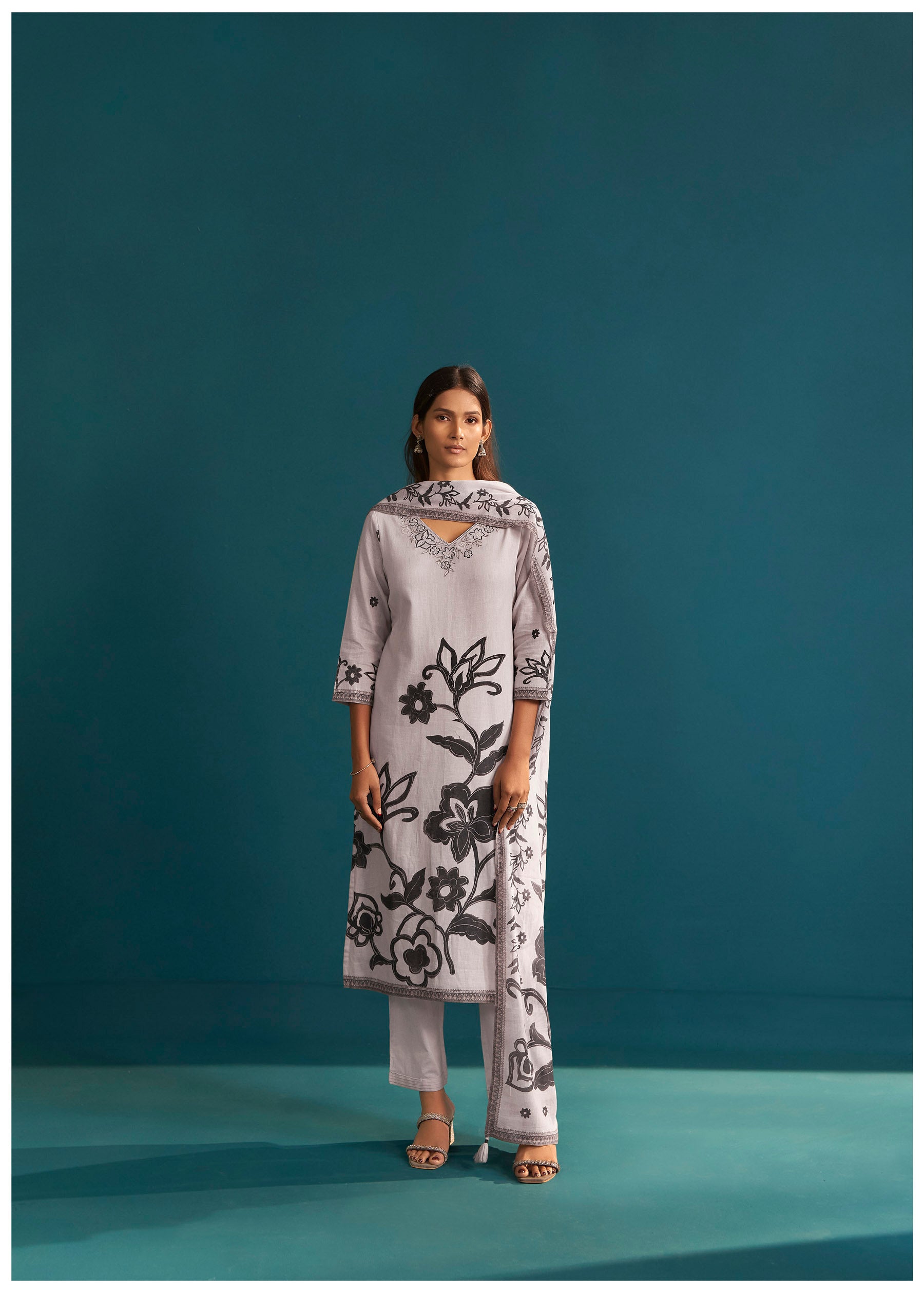 Duné Cream Digital Print Linen Kurta Set