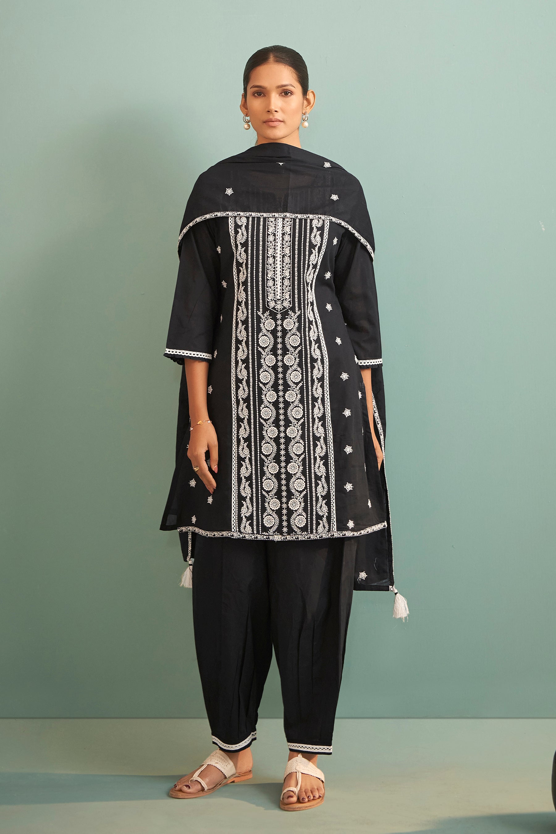 Zyrah Black Chikankari Embroidered Cotton Kurta Set