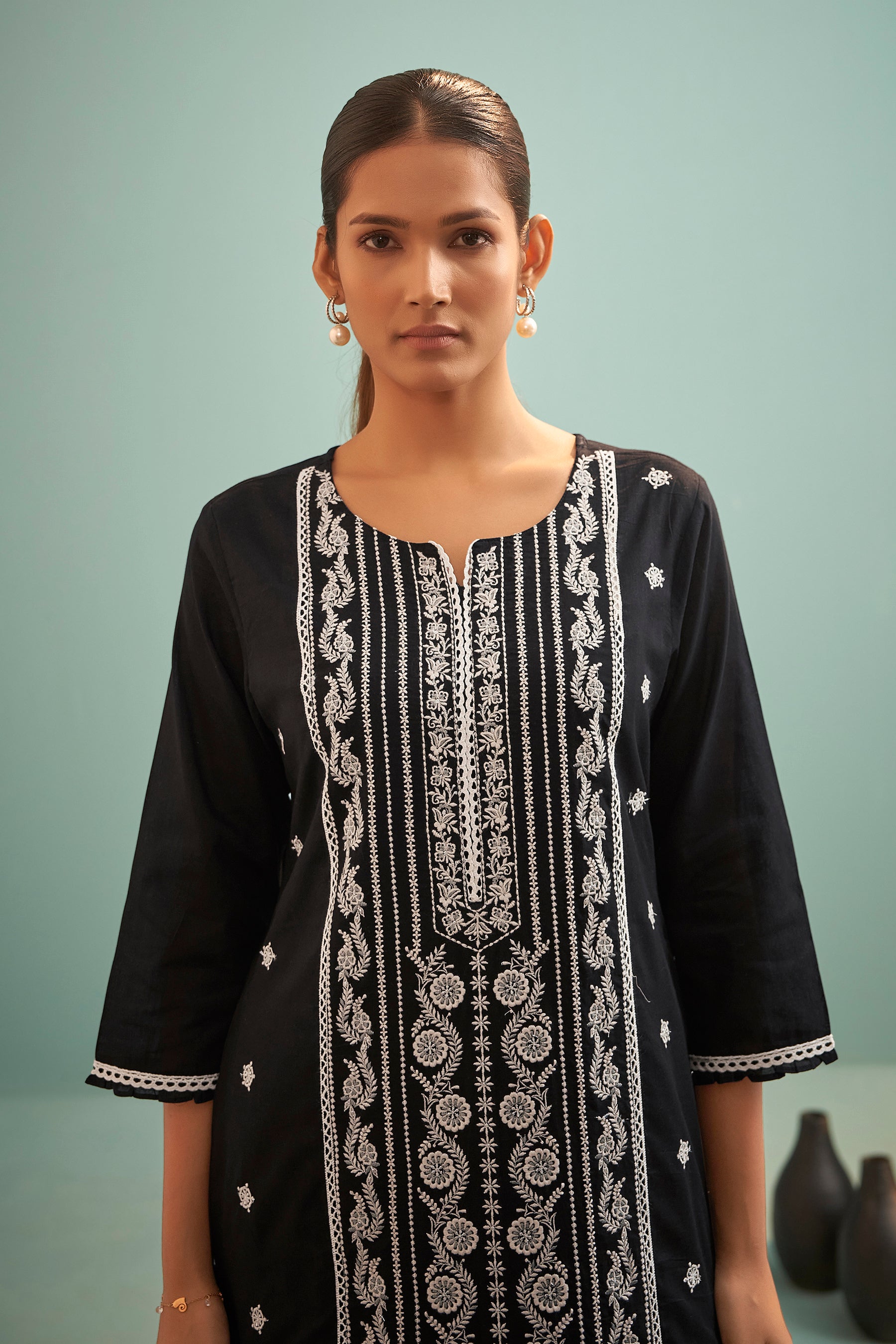 Zyrah Black Chikankari Embroidered Cotton Kurta Set