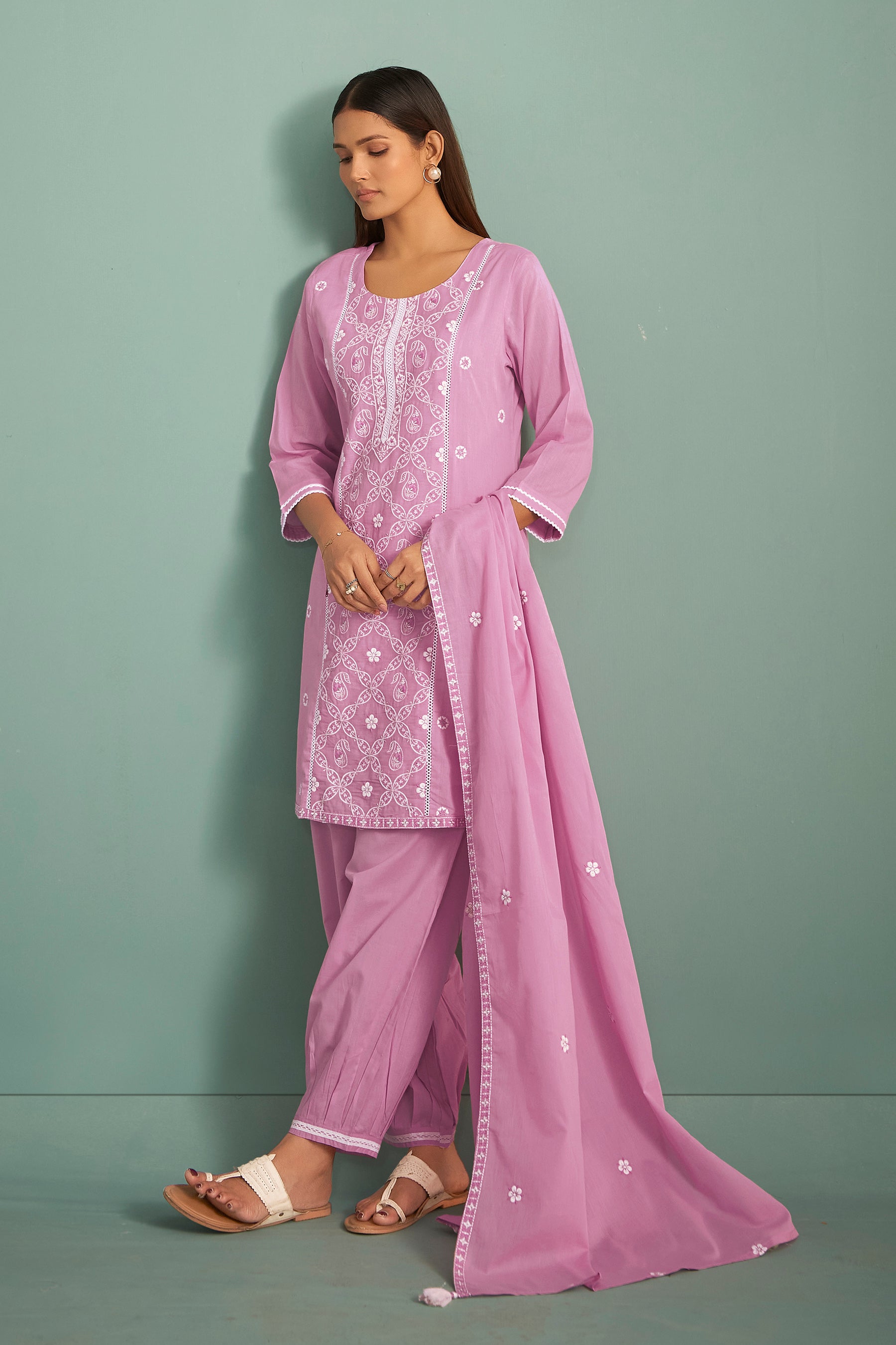 Karyna Lavender Chikankari Embroidered Cotton Kurta Set