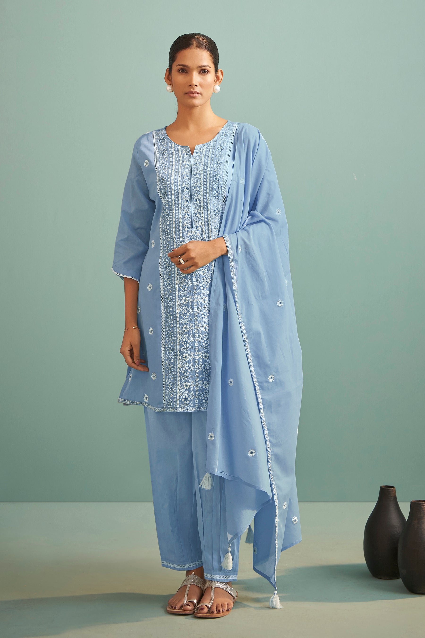 Keira Blue Chikankari Embroidered Cotton Kurta Set