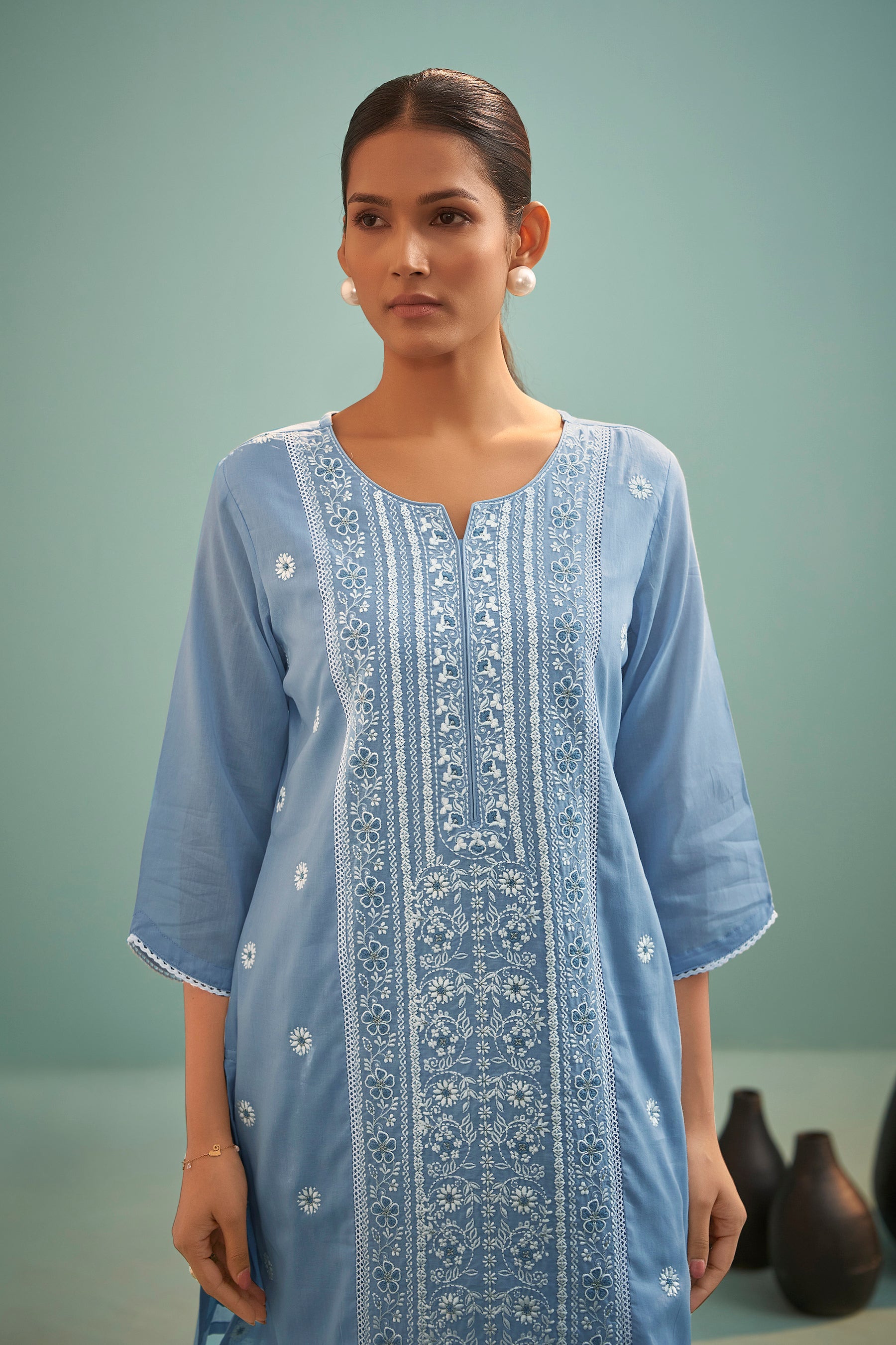 Keira Blue Chikankari Embroidered Cotton Kurta Set