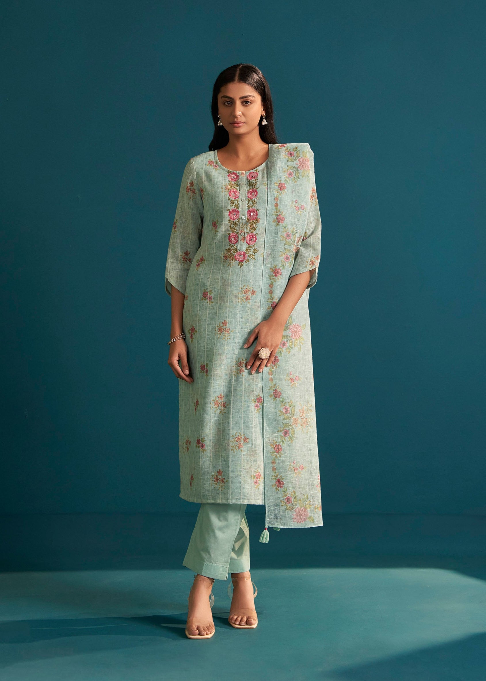 Liora Digital Print Embroidered Linen Kurta Set