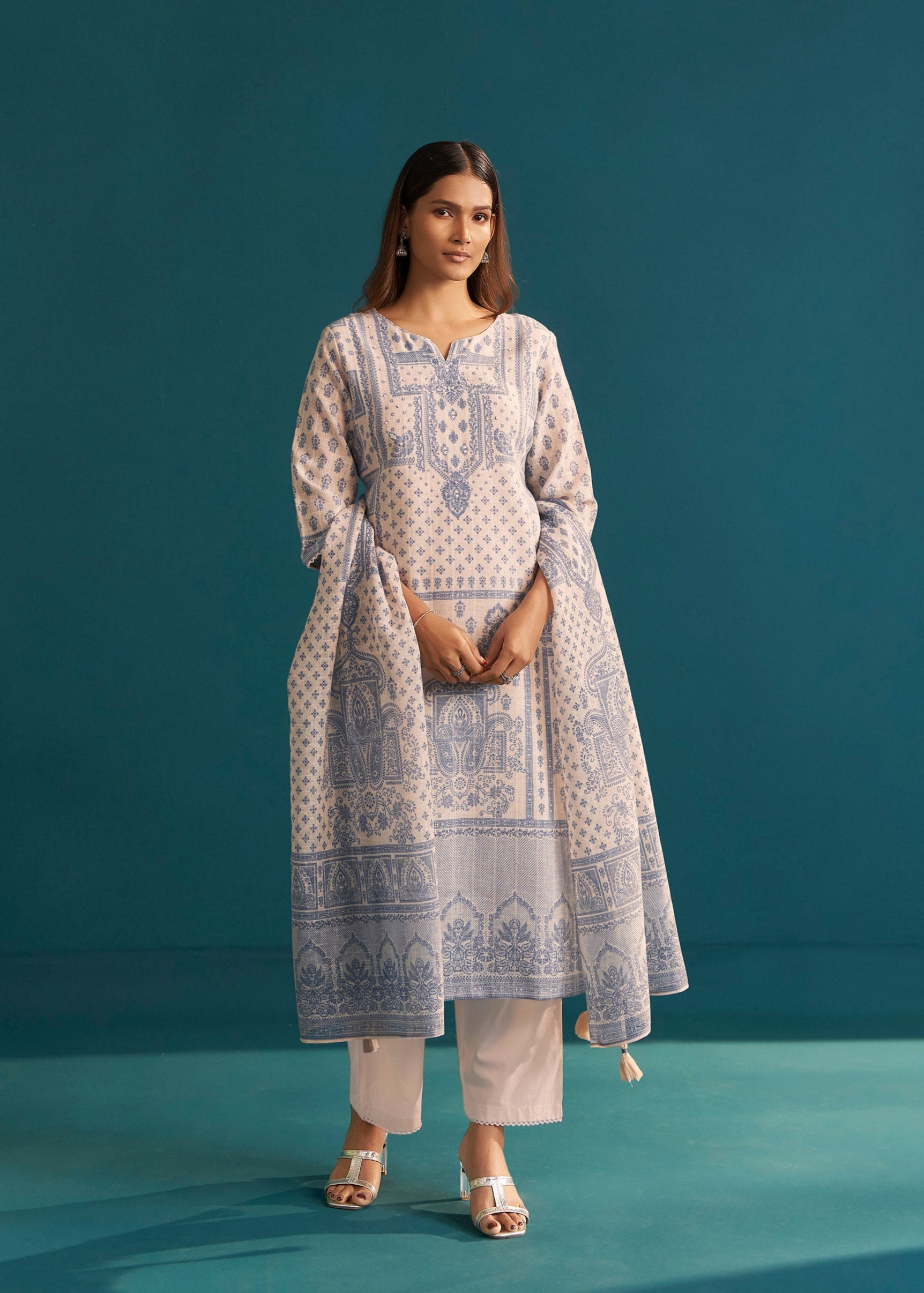 Zaira Digital Print Embroidered Linen Kurta Set