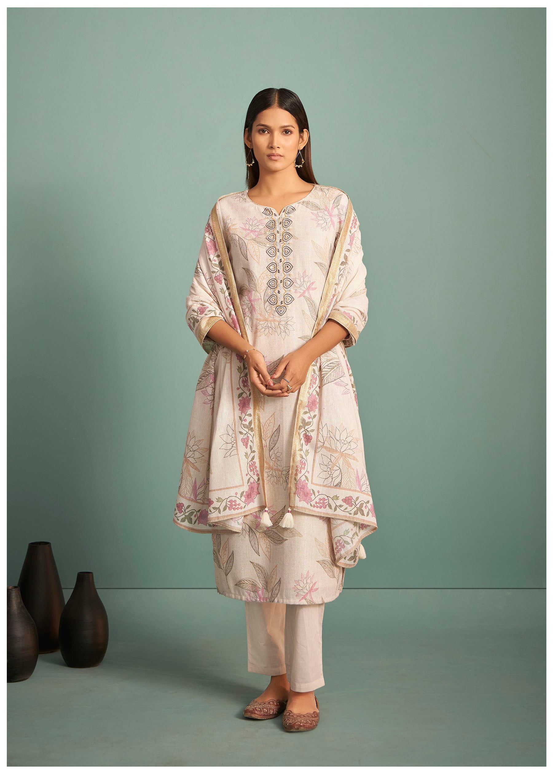 Pearlshade Cream Embroidered Linen Kurta Set