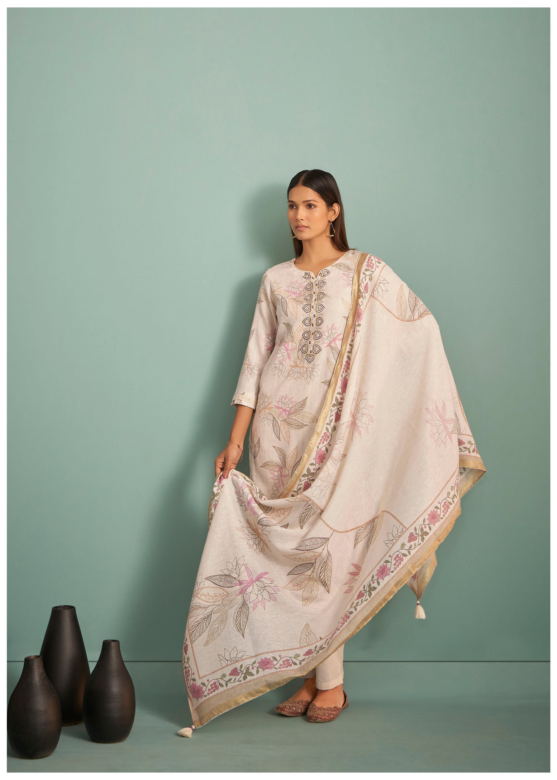 Pearlshade Cream Embroidered Linen Kurta Set