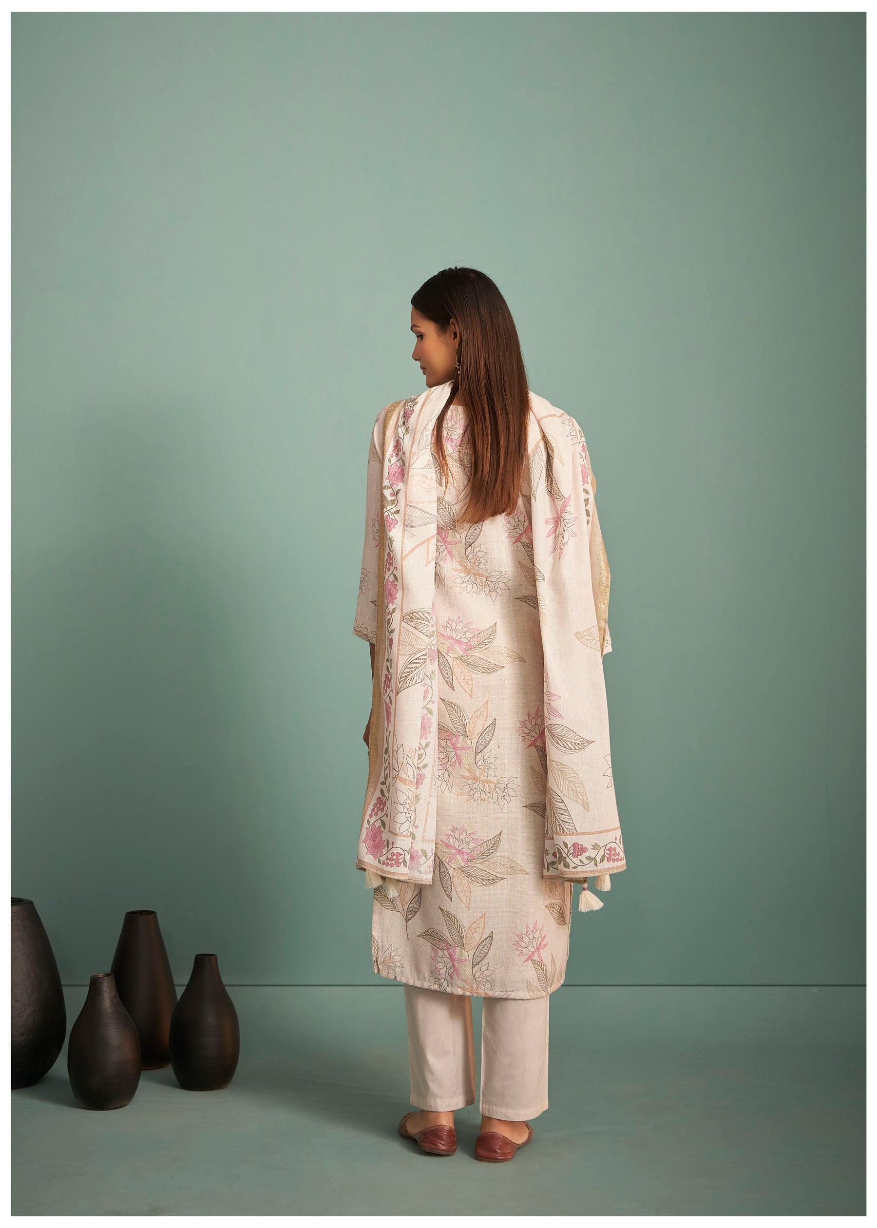Pearlshade Cream Embroidered Linen Kurta Set