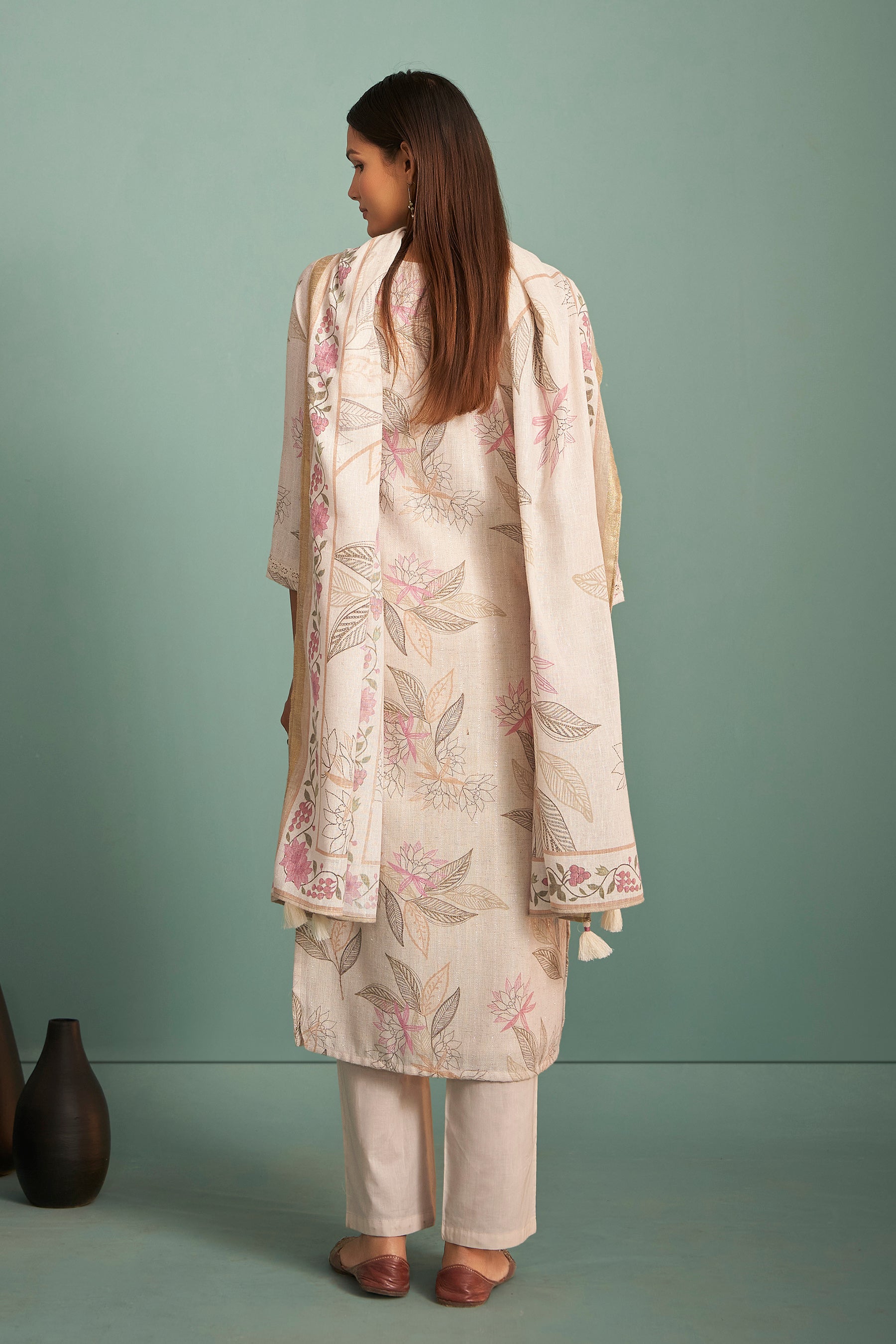 Pearlshade Cream Embroidered Linen Kurta Set