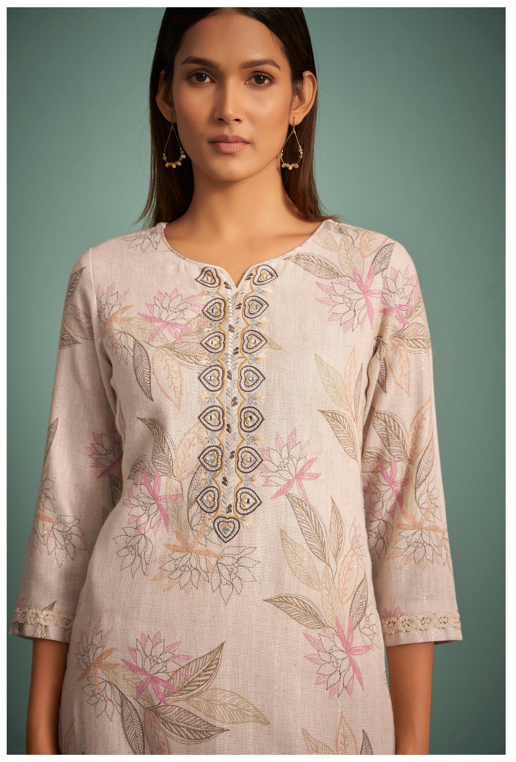 Pearlshade Cream Embroidered Linen Kurta Set