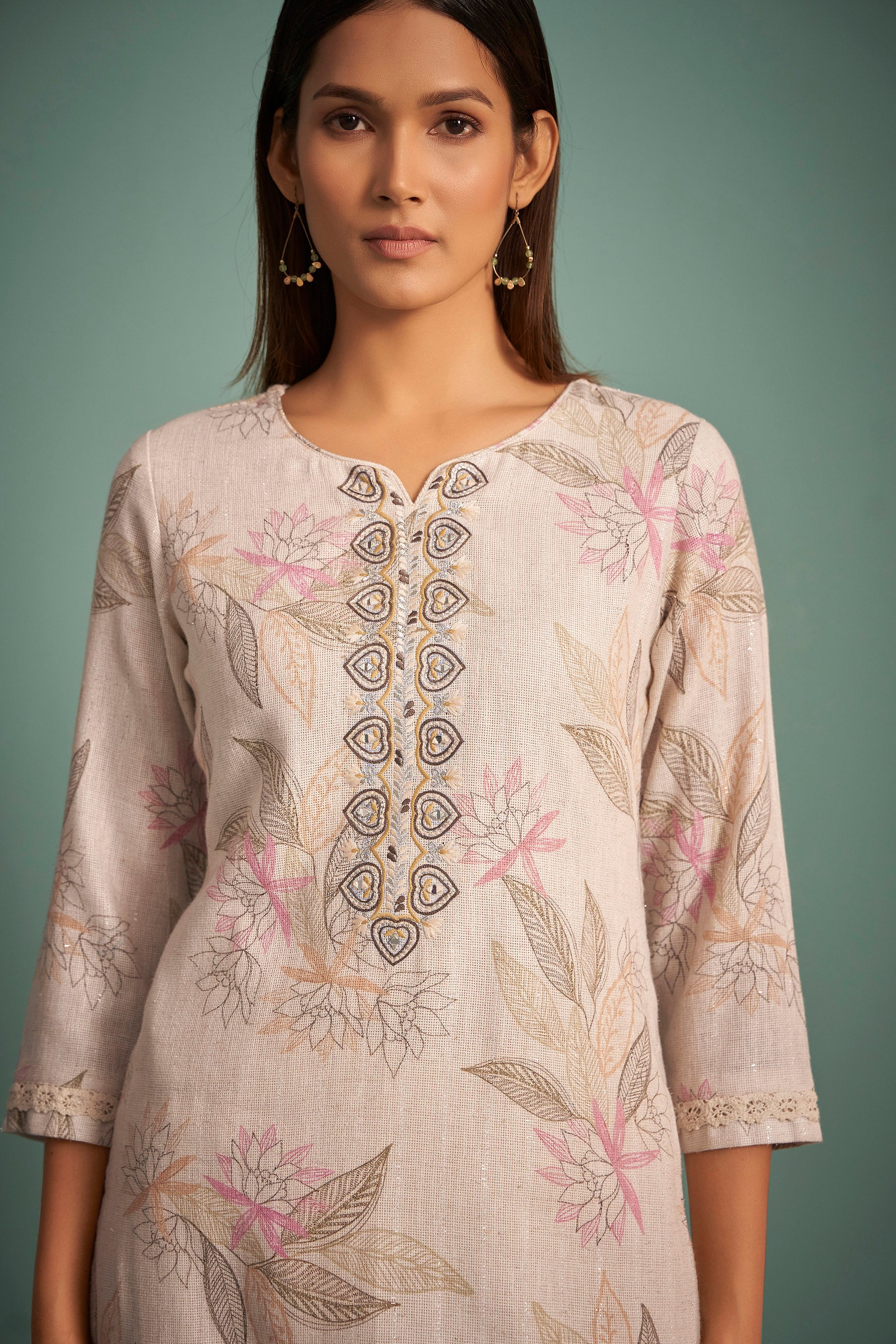 Pearlshade Cream Embroidered Linen Kurta Set