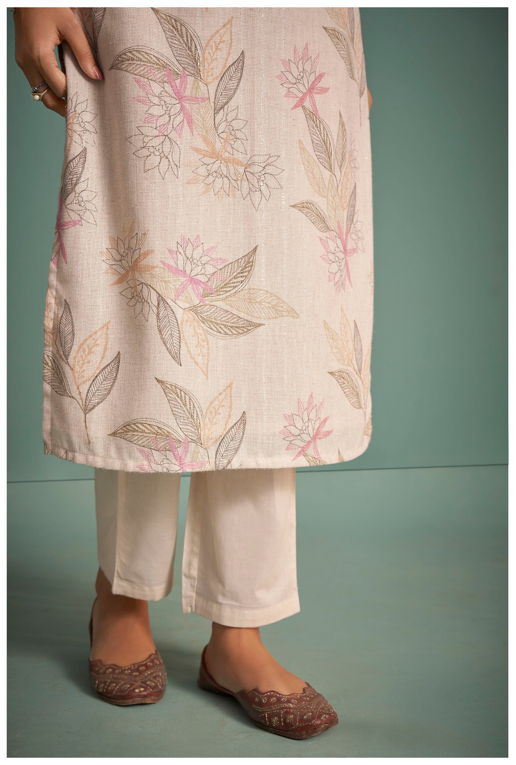 Pearlshade Cream Embroidered Linen Kurta Set