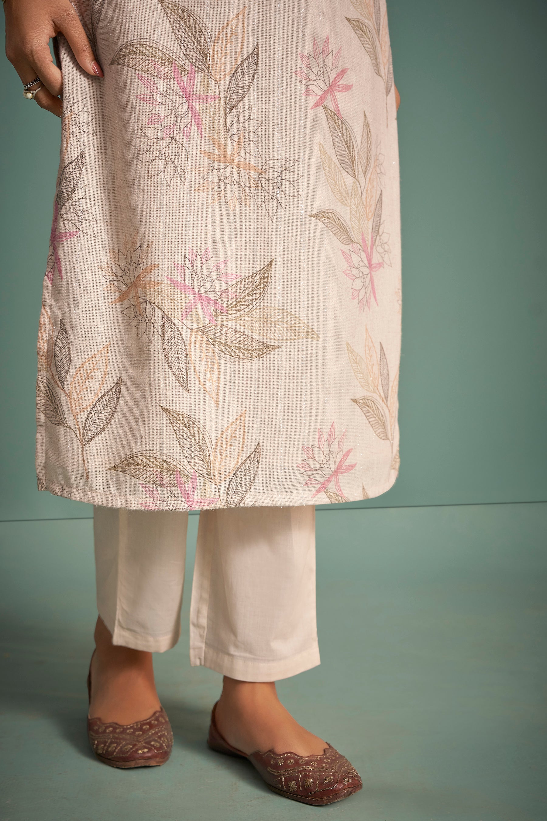 Pearlshade Cream Embroidered Linen Kurta Set