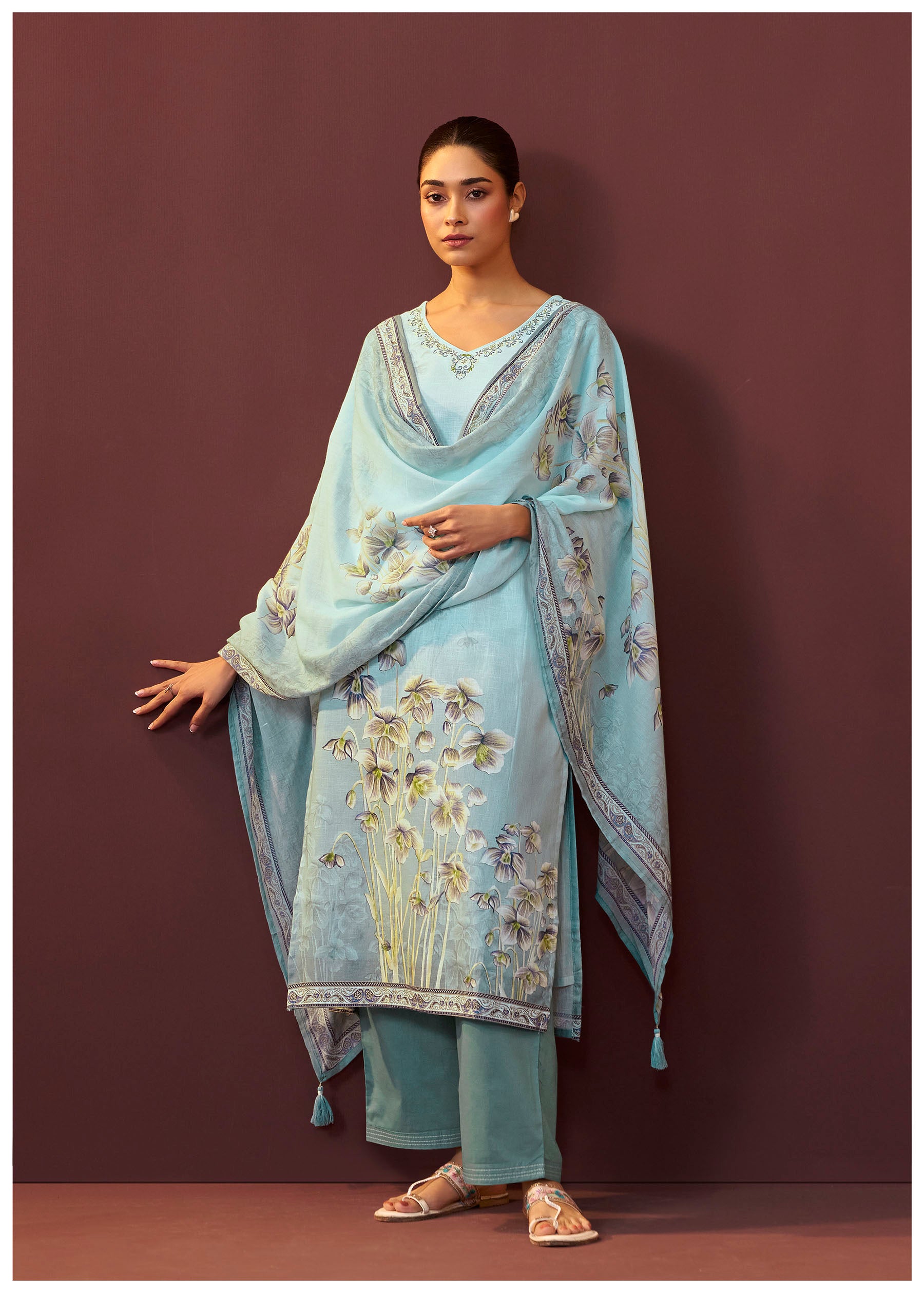 Celestia Blue Embroidered Linen Kurta Set