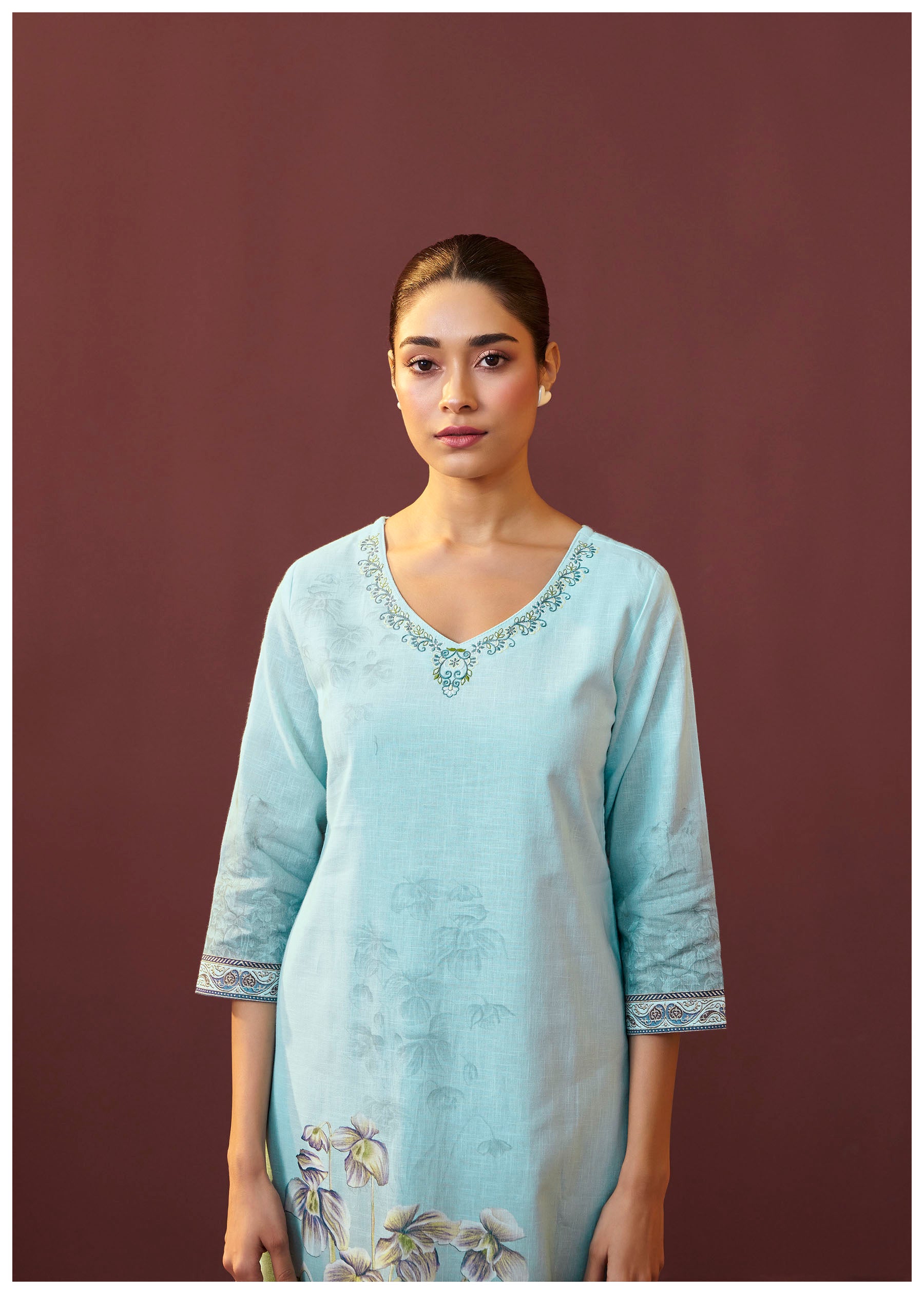 Celestia Blue Embroidered Linen Kurta Set