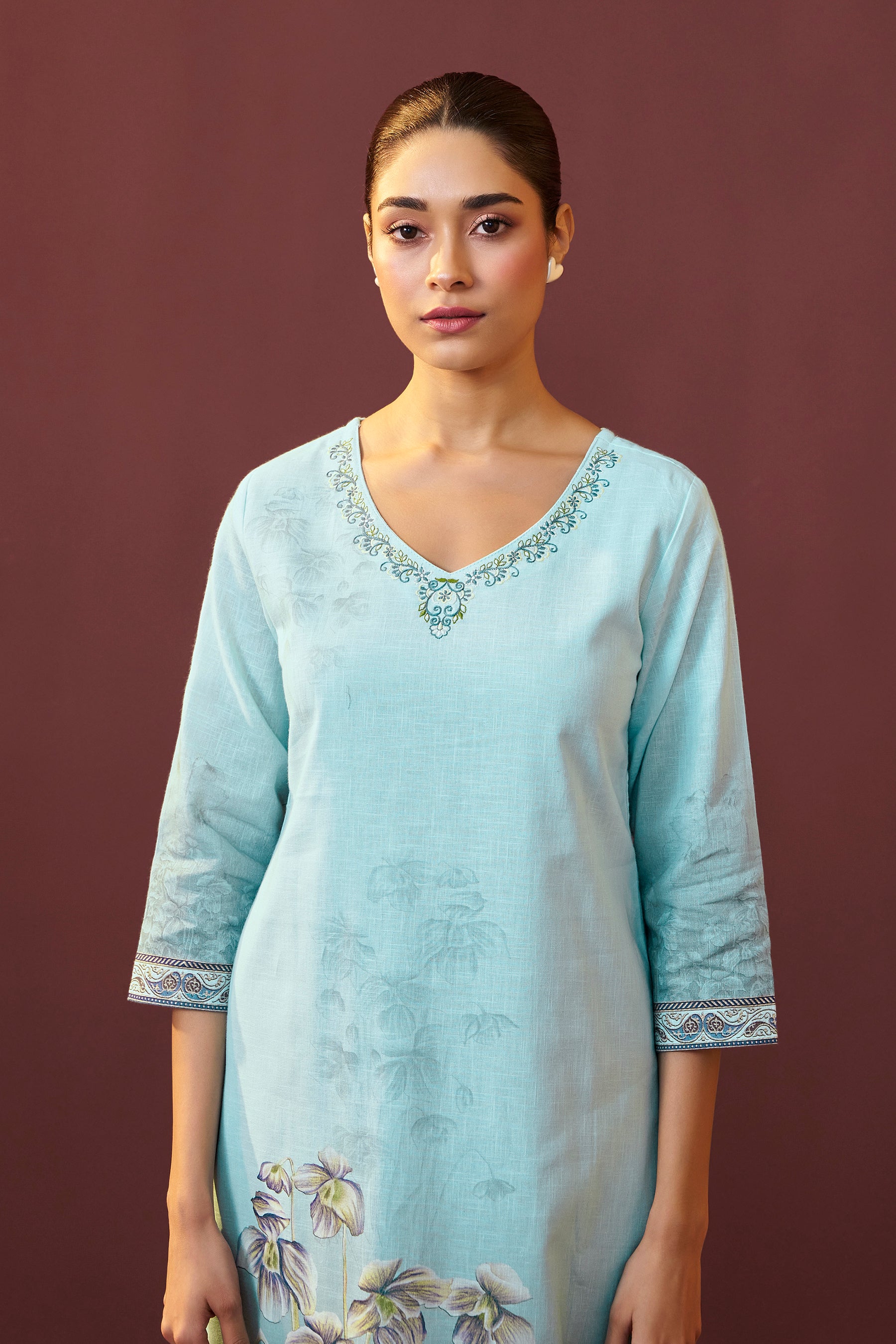 Celestia Blue Embroidered Linen Kurta Set