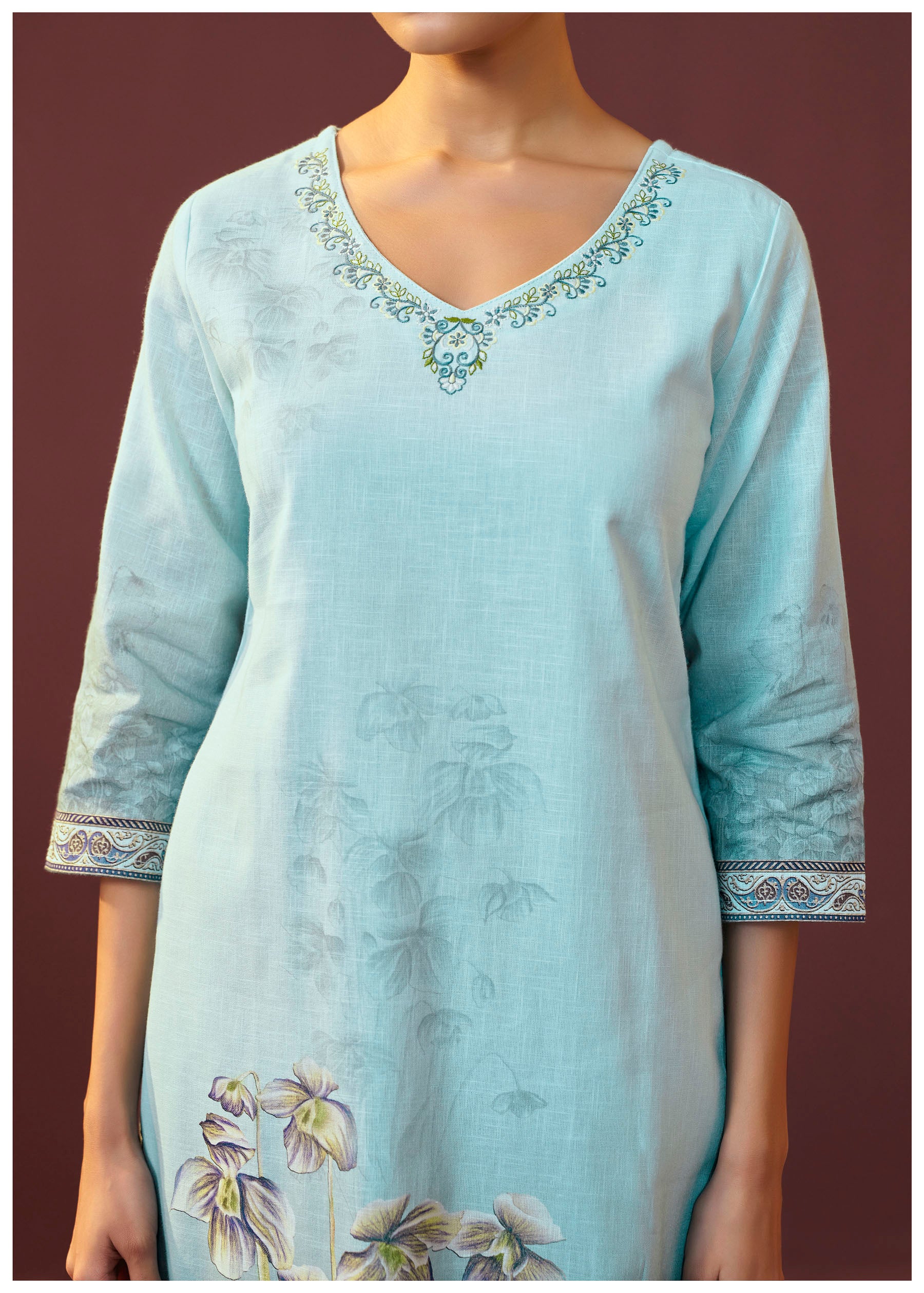 Celestia Blue Embroidered Linen Kurta Set