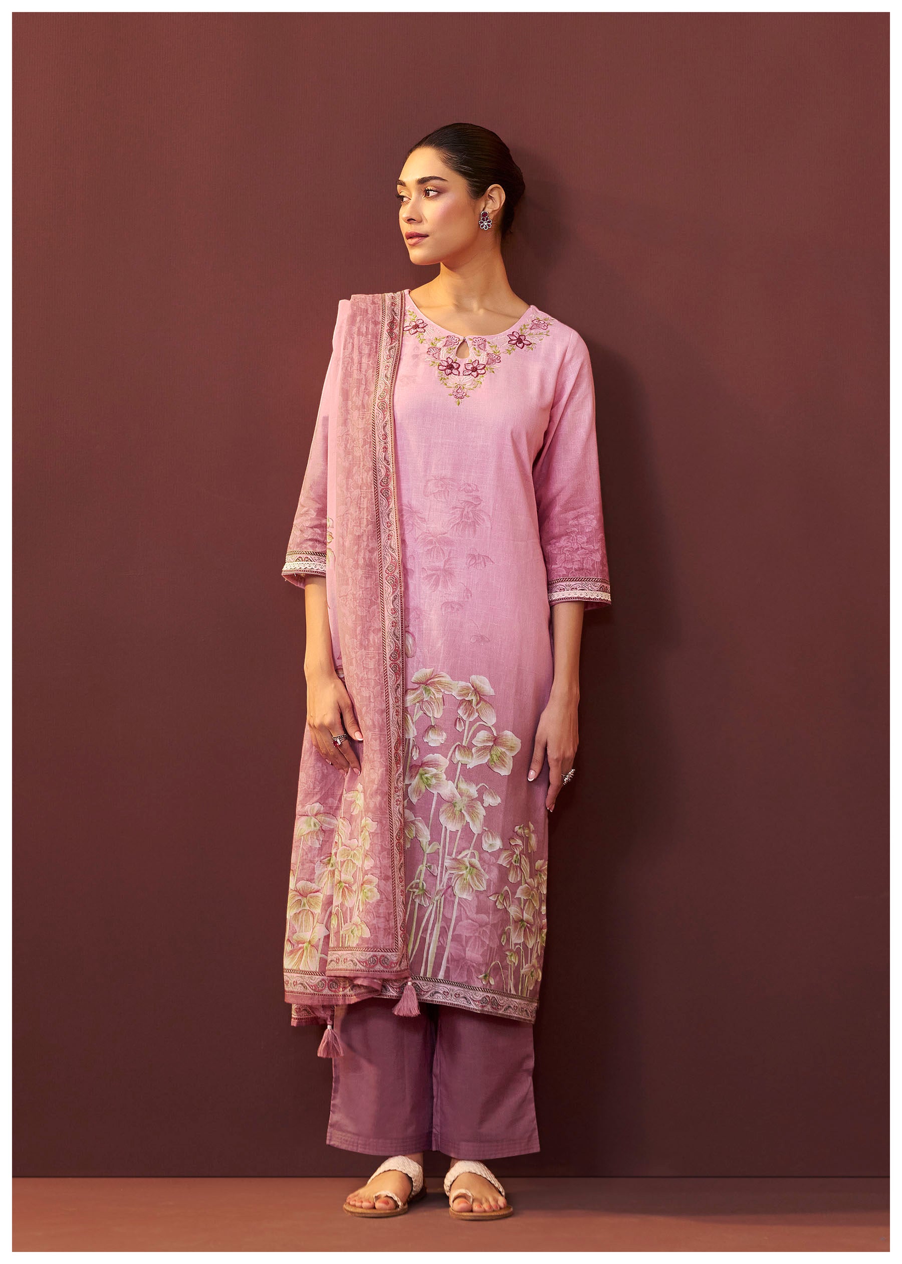 Roselle Pink Embroidered Linen Kurta Set