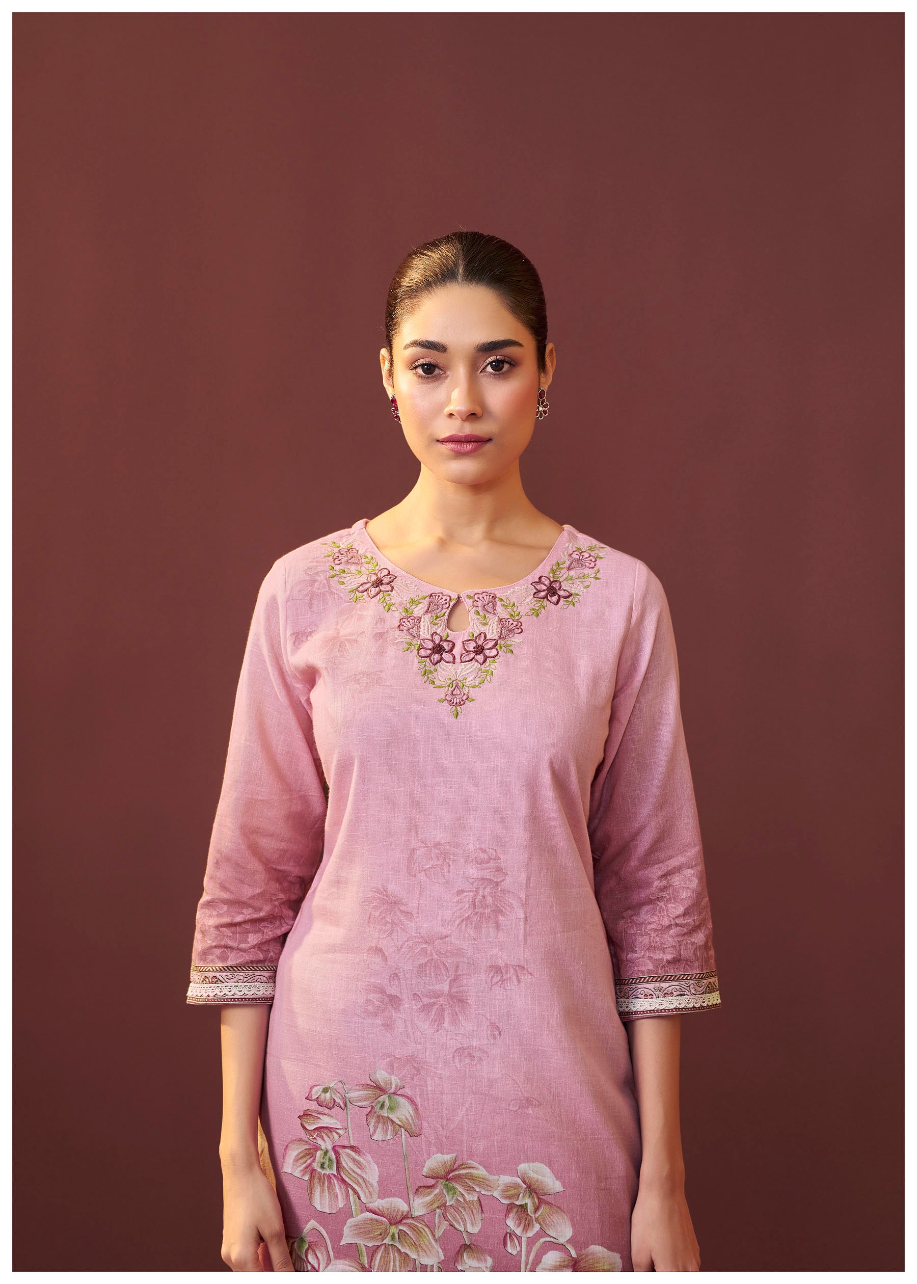 Roselle Pink Embroidered Linen Kurta Set