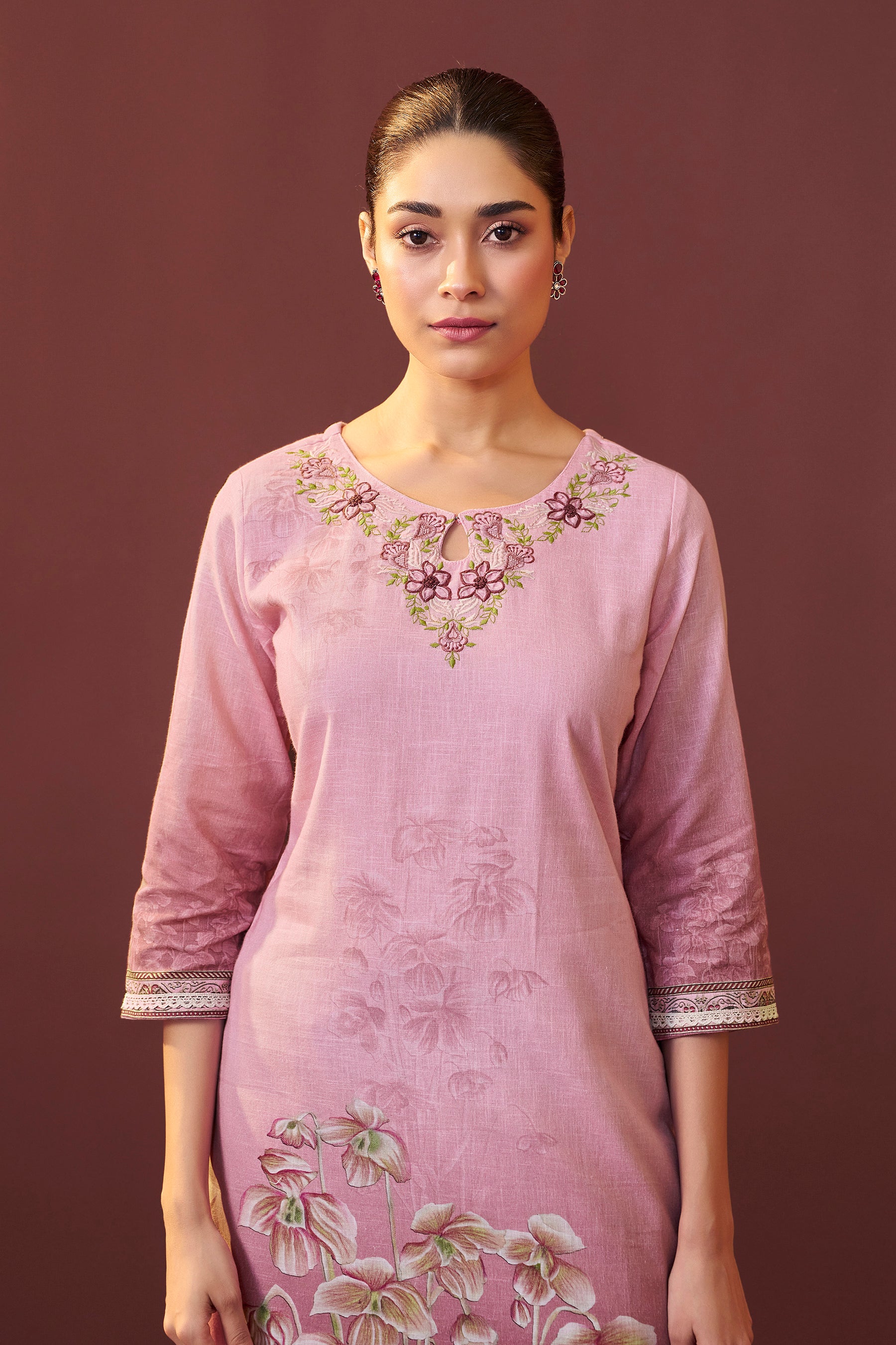 Roselle Pink Embroidered Linen Kurta Set
