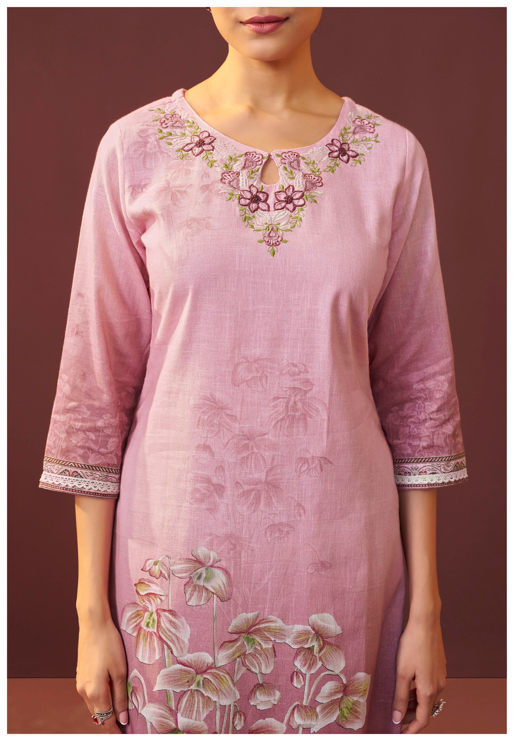 Roselle Pink Embroidered Linen Kurta Set