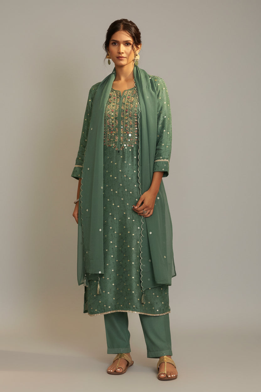 Mirror Embroidery Kurta Set β Green