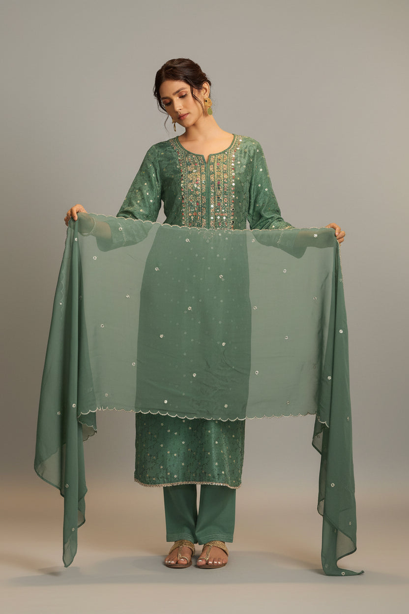 Mirror Embroidery Kurta Set – Green